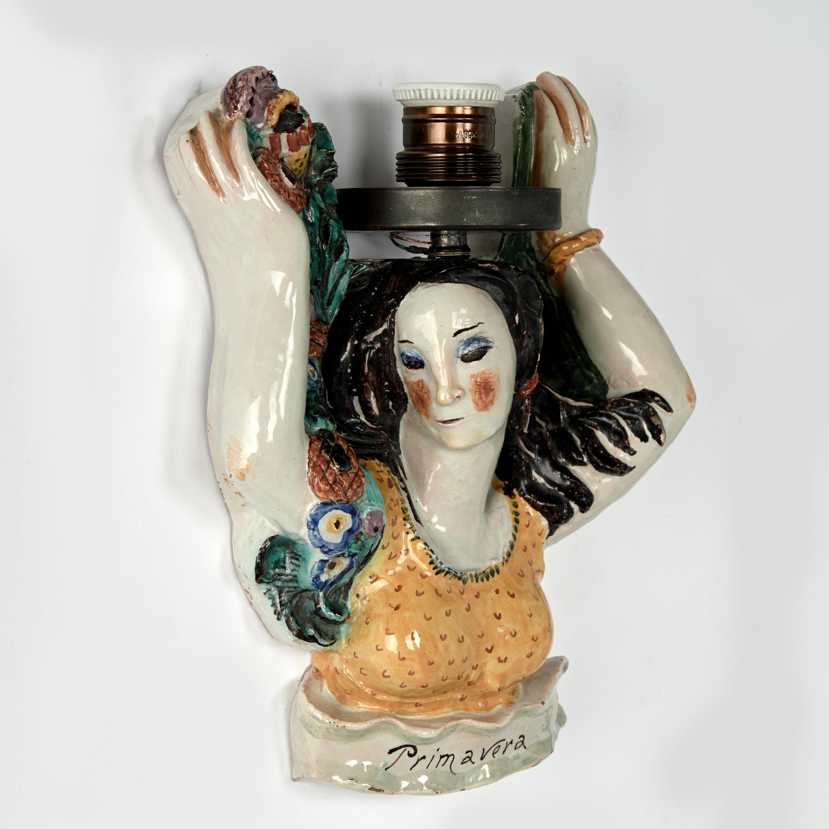 Terracotta Vintage Italian Terra Cotta Spring and Autumn Figural Wall Sconces For Sale