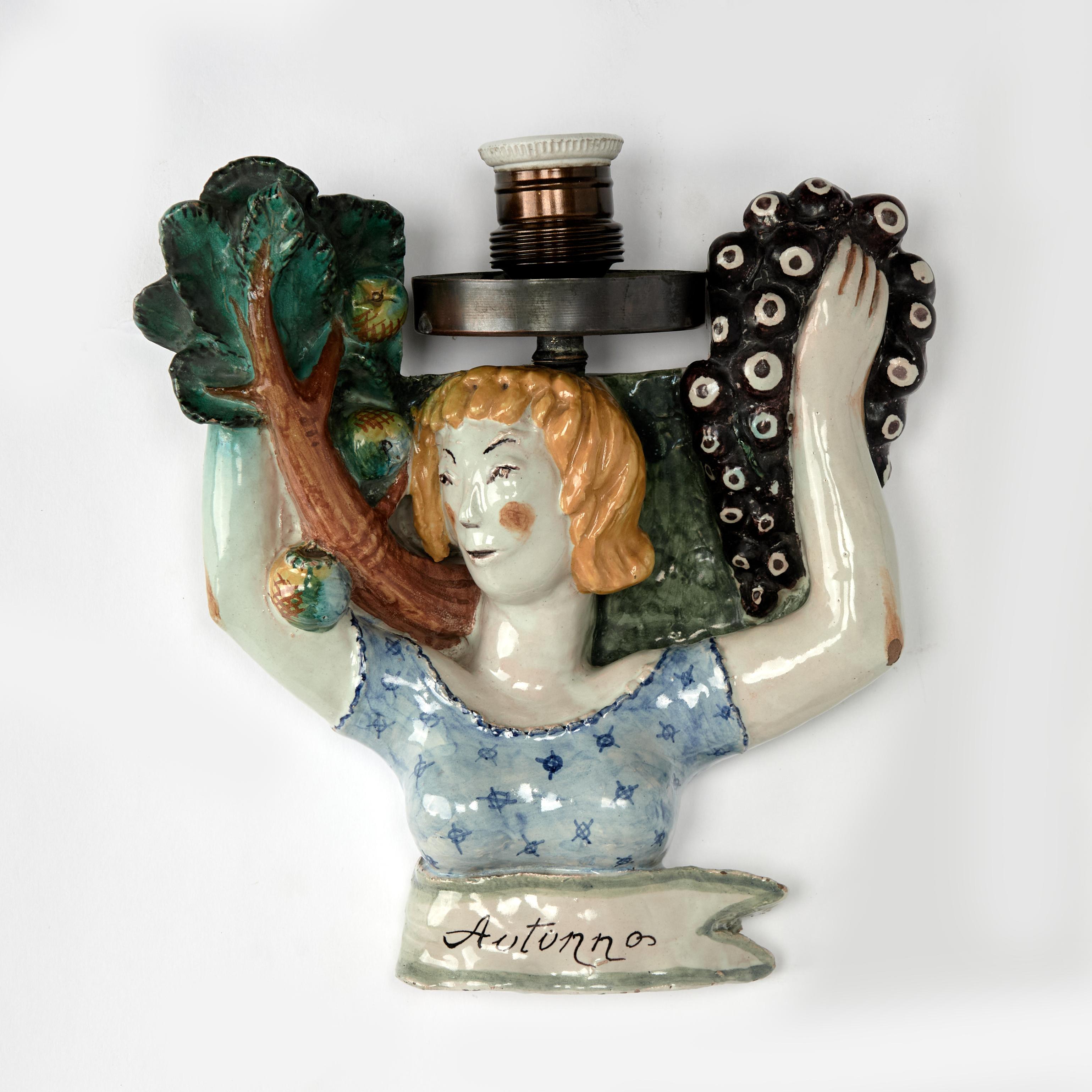 Vintage Italian Terra Cotta Spring and Autumn Figural Wall Sconces For Sale 1