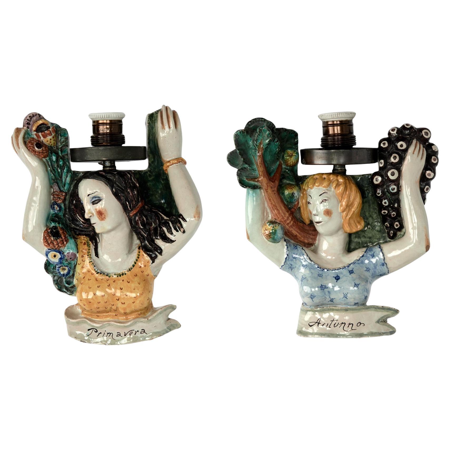 Vintage Italian Terra Cotta Spring and Autumn Figural Wall Sconces For Sale