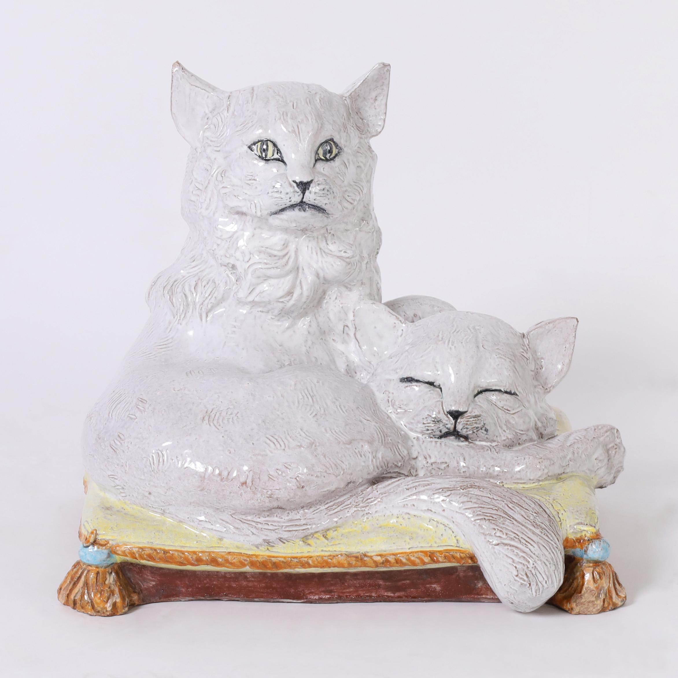 Mid-Century Modern Vintage Italian Terra Cotta Two Cats on a Pillow For Sale
