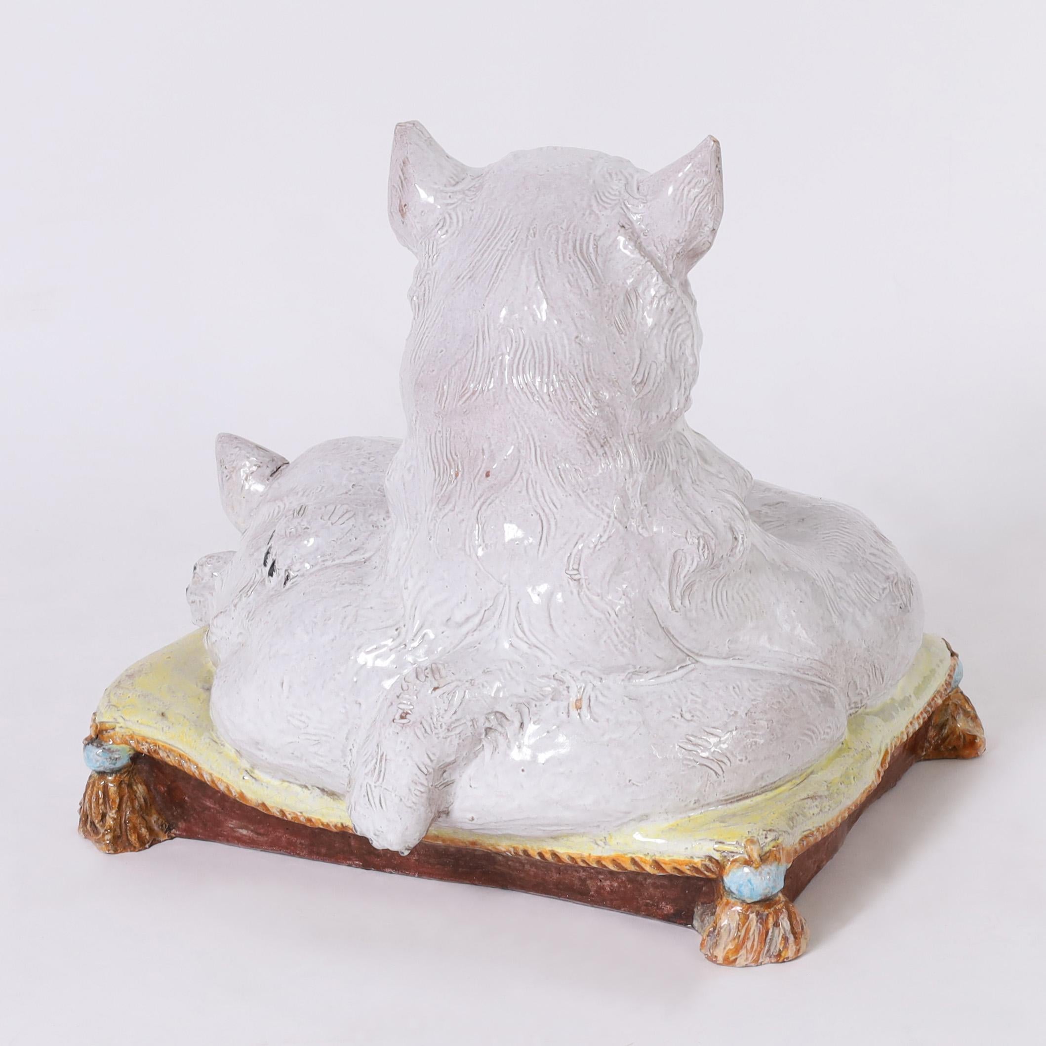 Glazed Vintage Italian Terra Cotta Two Cats on a Pillow For Sale