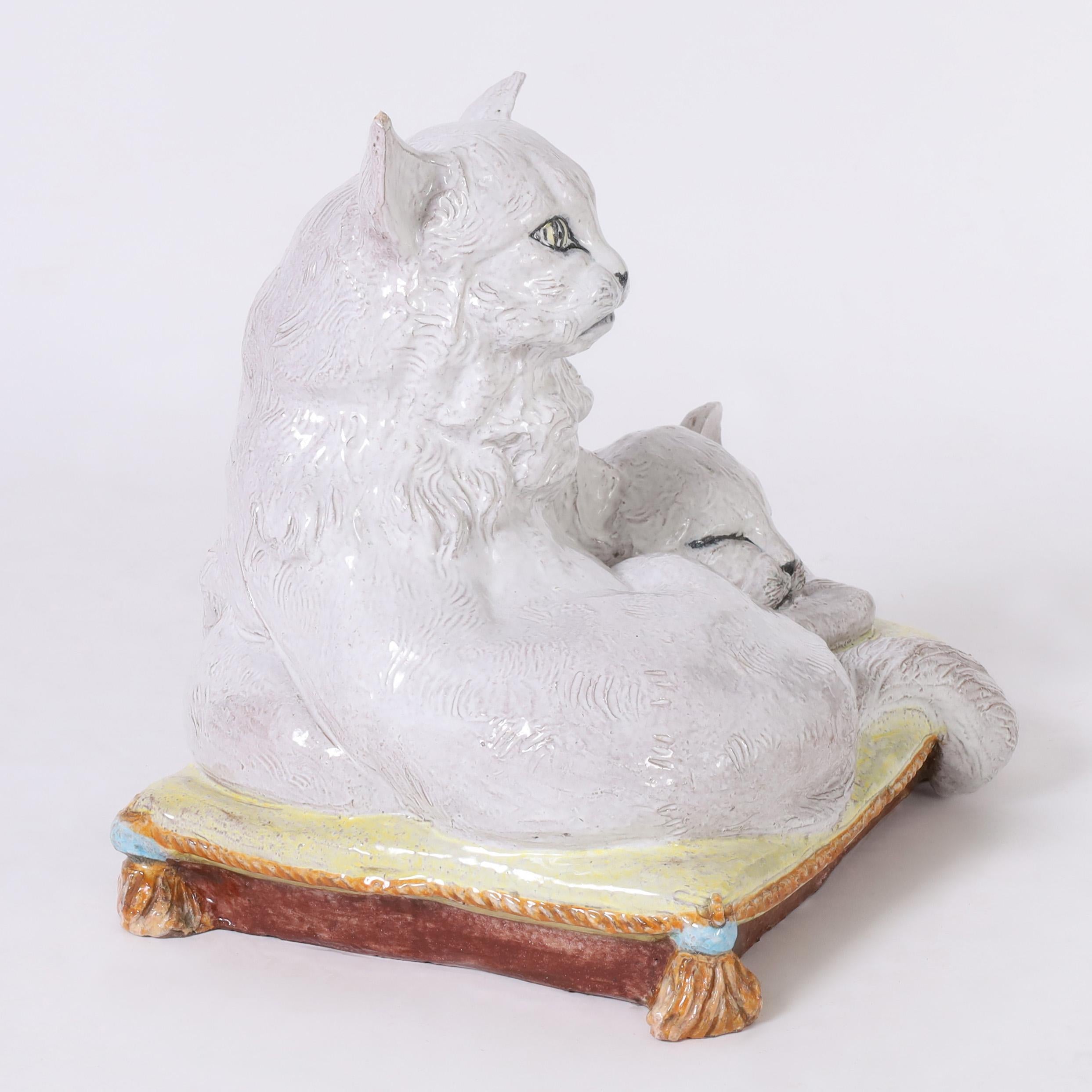 Vintage Italian Terra Cotta Two Cats on a Pillow In Good Condition For Sale In Palm Beach, FL