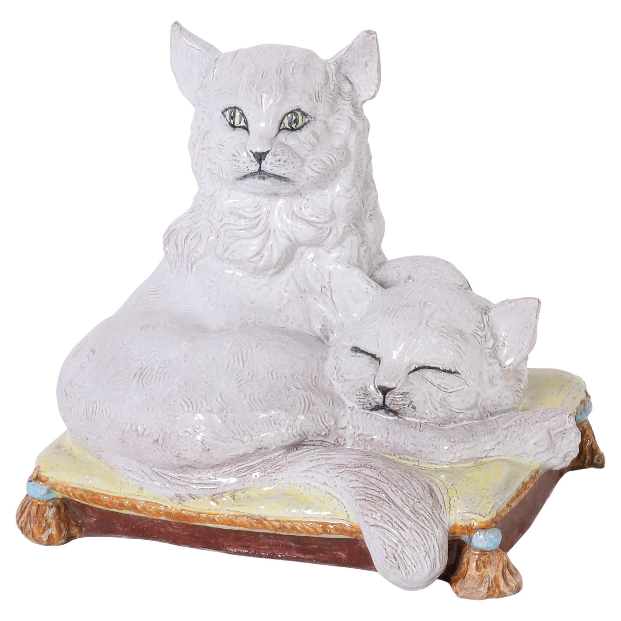 Vintage Italian Terra Cotta Two Cats on a Pillow For Sale