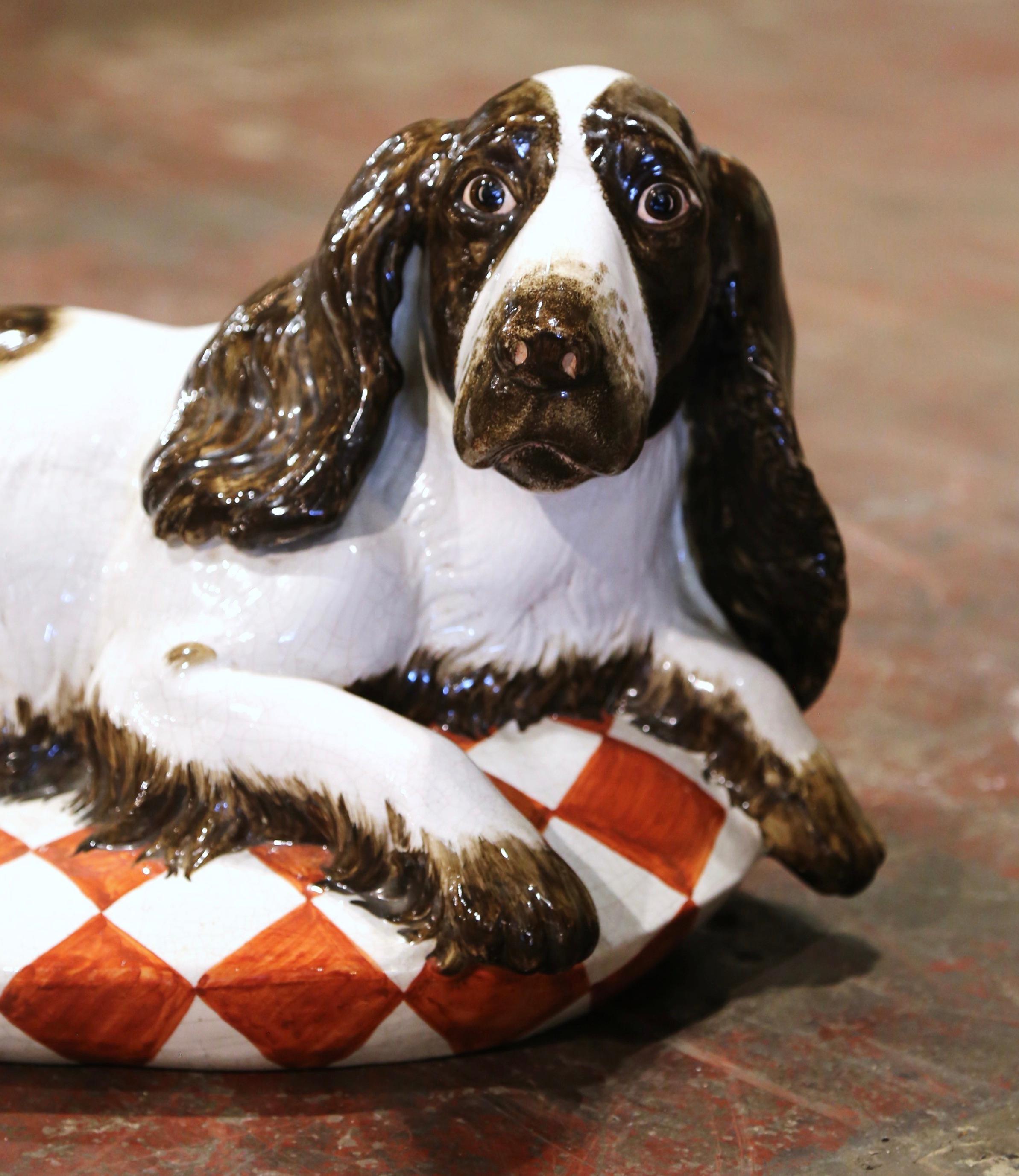 Vintage Italian Terracotta Barbotine Basset Hound Dog Sculpture In Excellent Condition For Sale In Dallas, TX