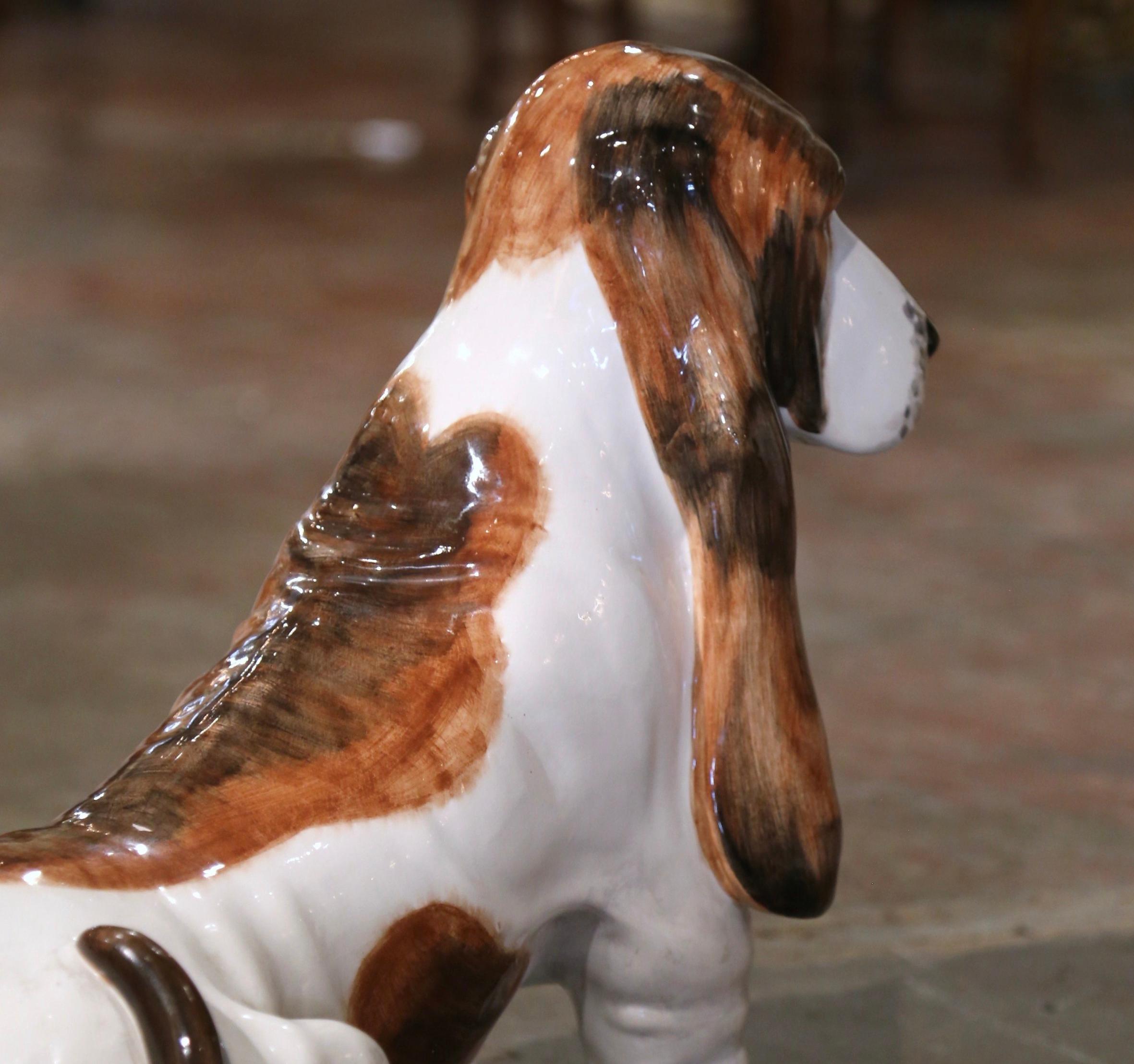 Hand-Carved Vintage Italian Terracotta Barbotine Basset Hound Dog Sculpture Signed C. S. M. For Sale
