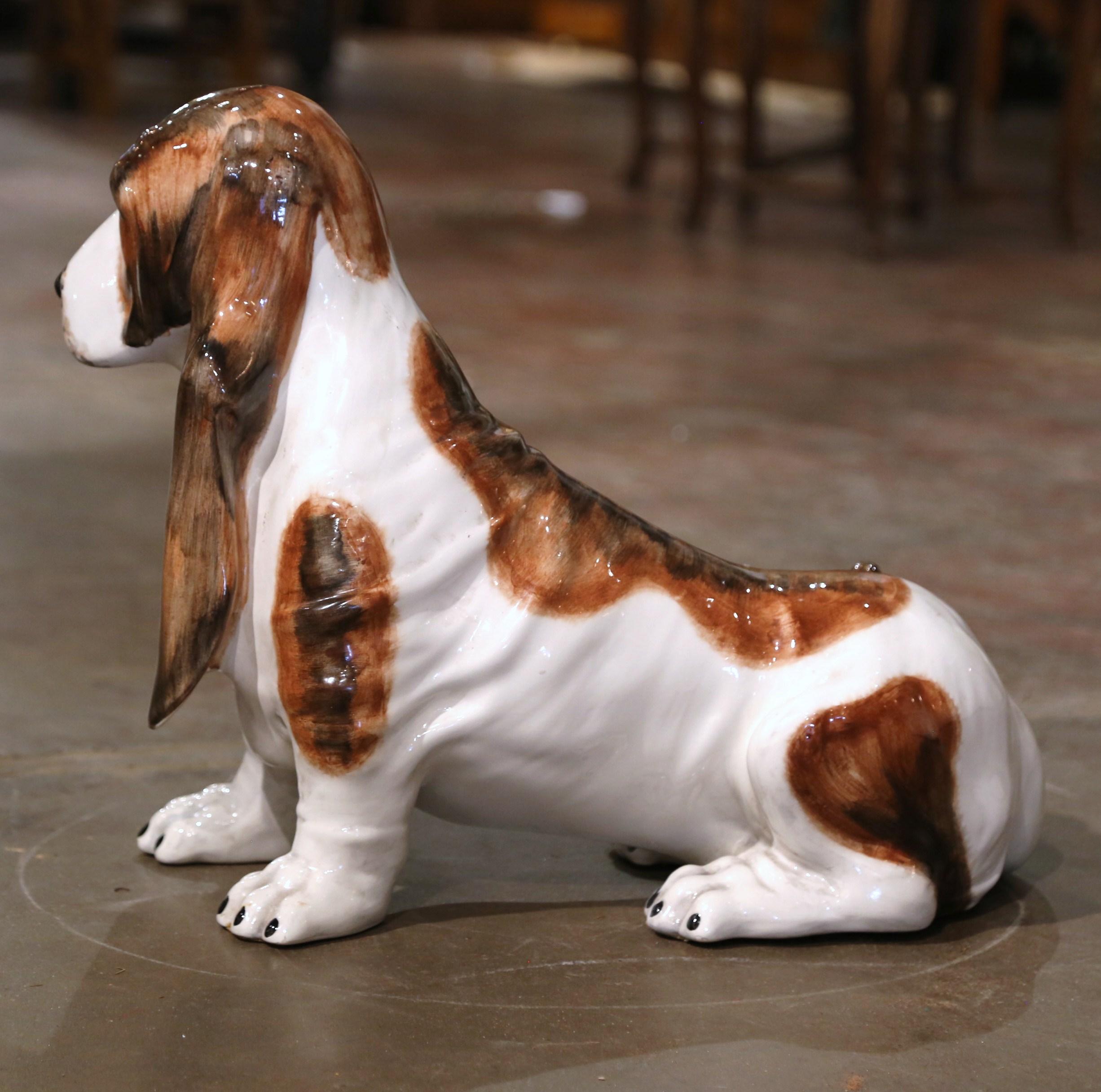 Vintage Italian Terracotta Barbotine Basset Hound Dog Sculpture Signed C. S. M. In Excellent Condition For Sale In Dallas, TX