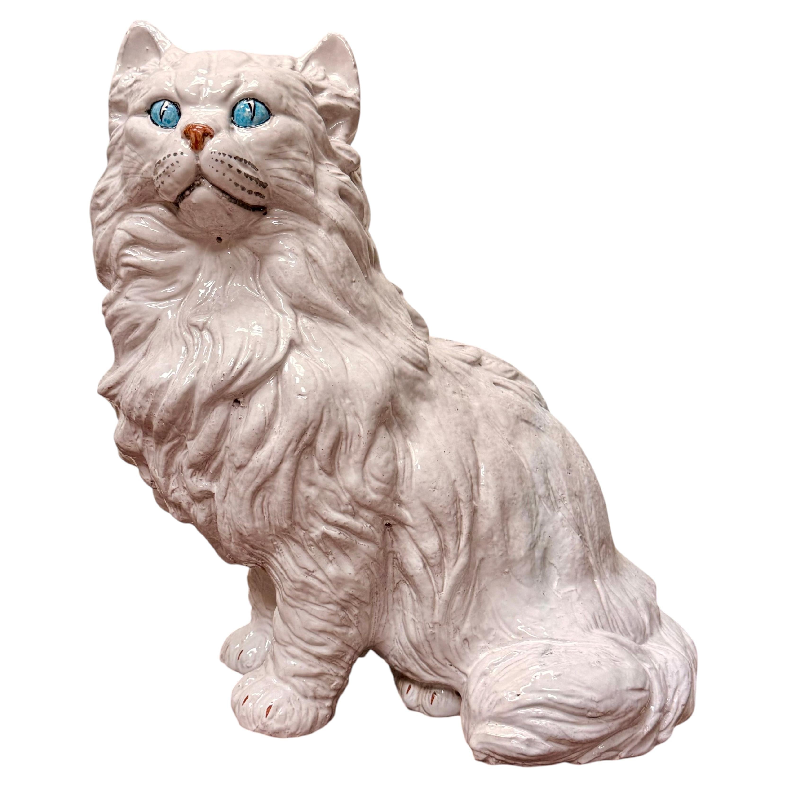 Vintage Italian Terracotta Cat Sculpture, Life Size, Circa 1980s