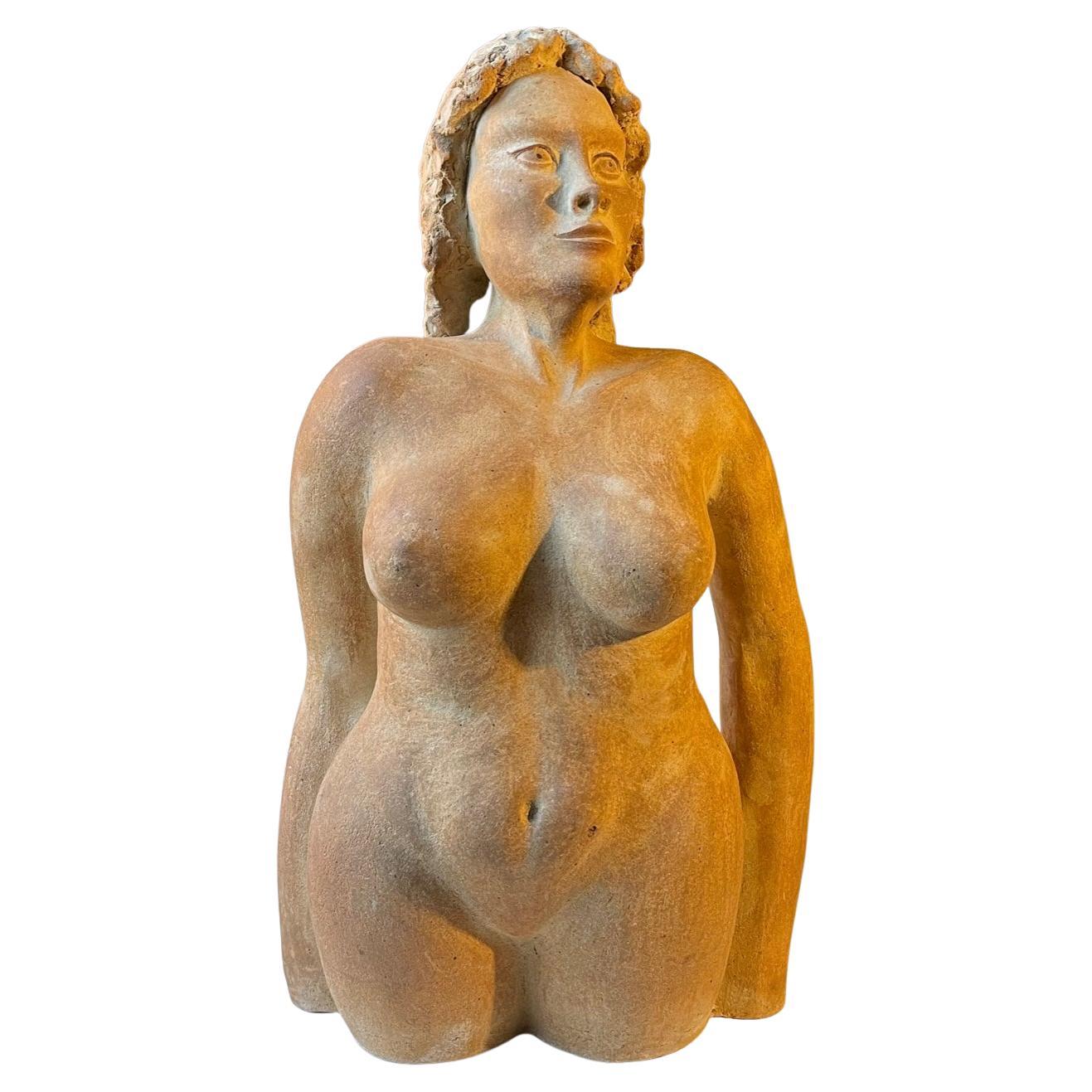 Escultura italiana vintage de terracota de torso femenino desnudo y voluptuoso