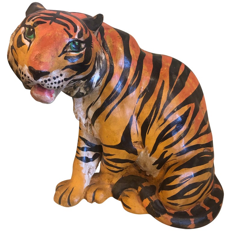 Vintage Italian Terracotta Tiger Statue For Sale at 1stDibs