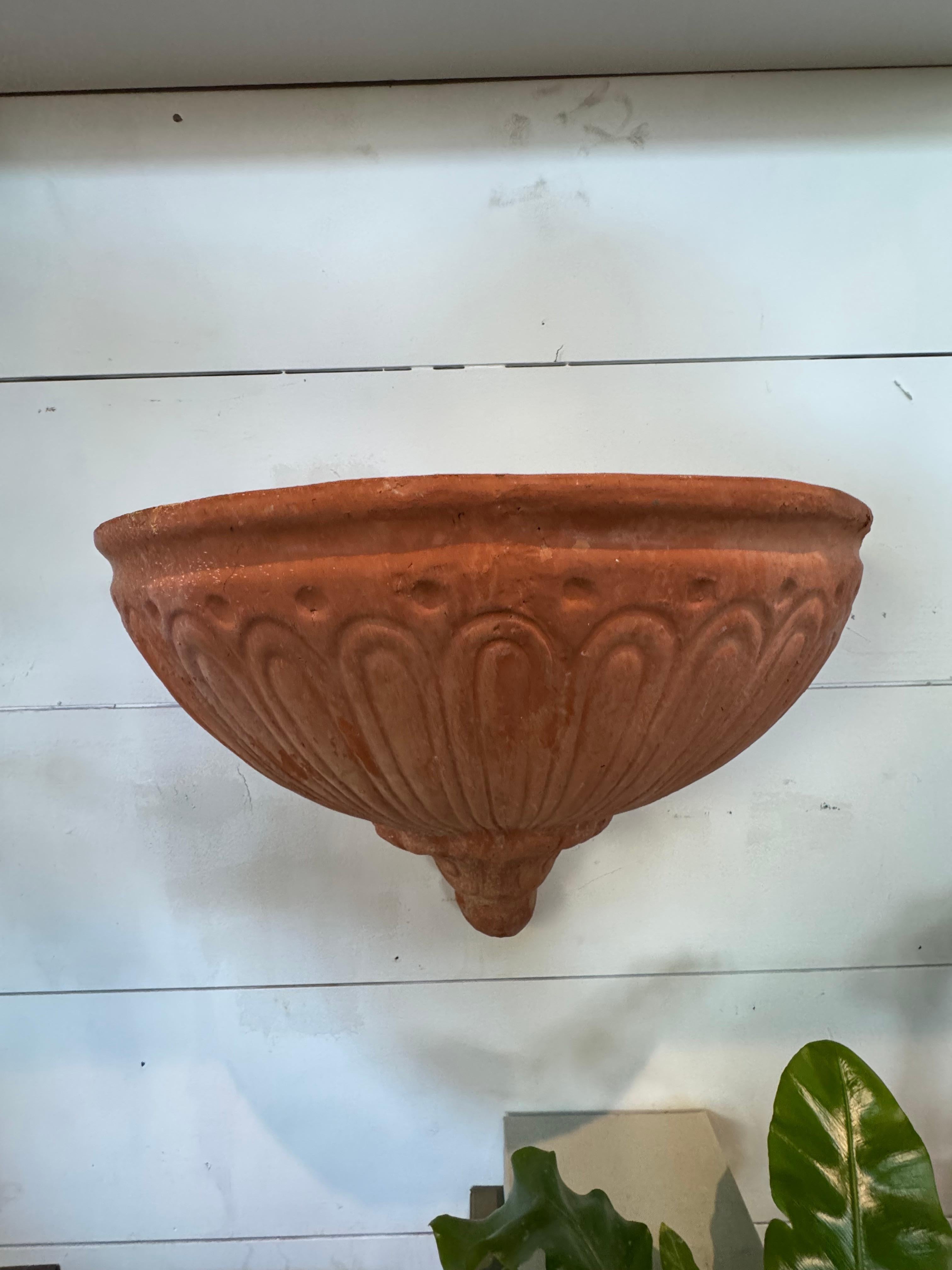 Molded Vintage Italian Terracotta Wall Pocket Planter – Handcrafted Fluted Design For Sale