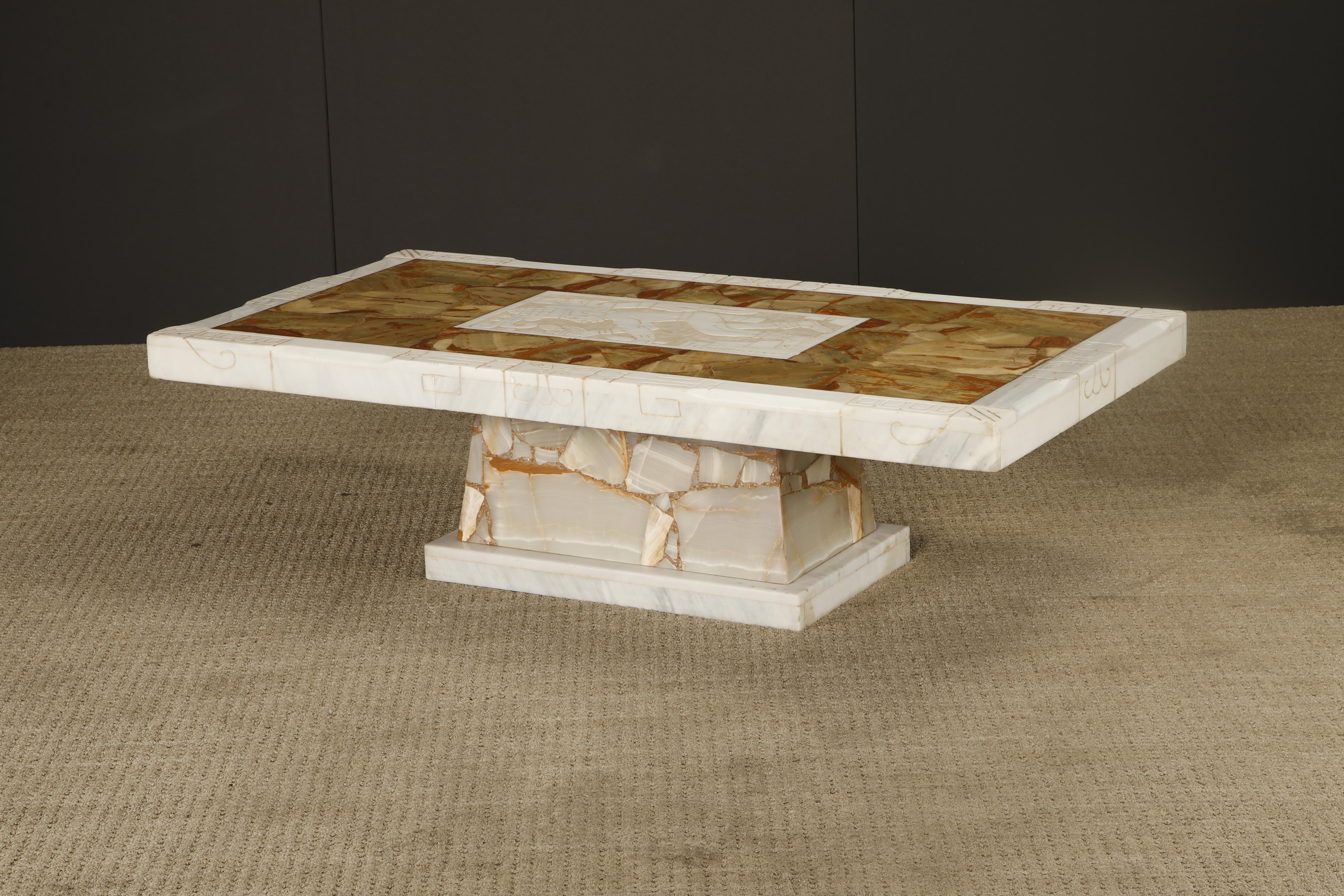 Vintage Italian Tessellated Onyx Coffee Table with Etched Stone Inset, 1970s For Sale 8