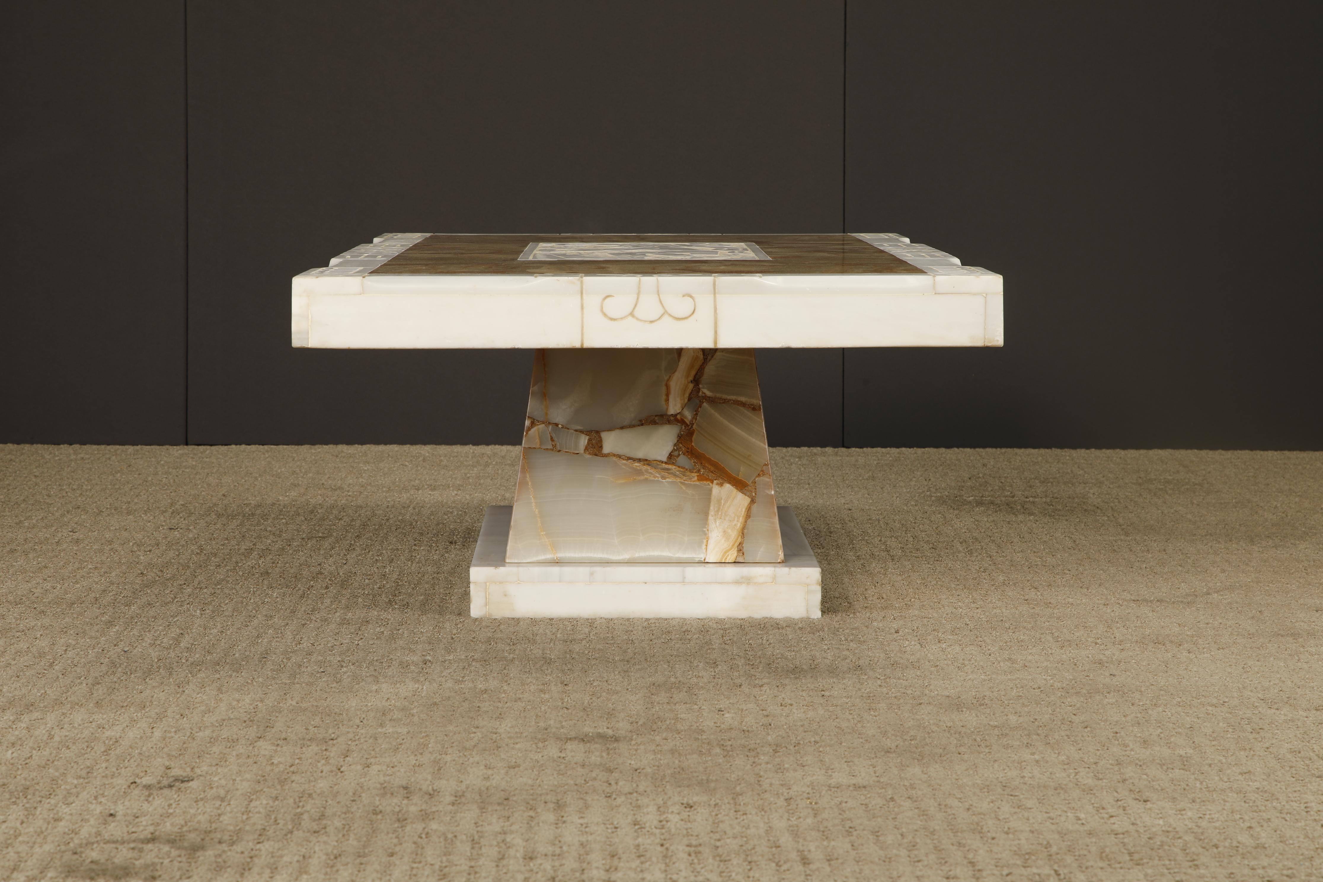Vintage Italian Tessellated Onyx Coffee Table with Etched Stone Inset, 1970s For Sale 12