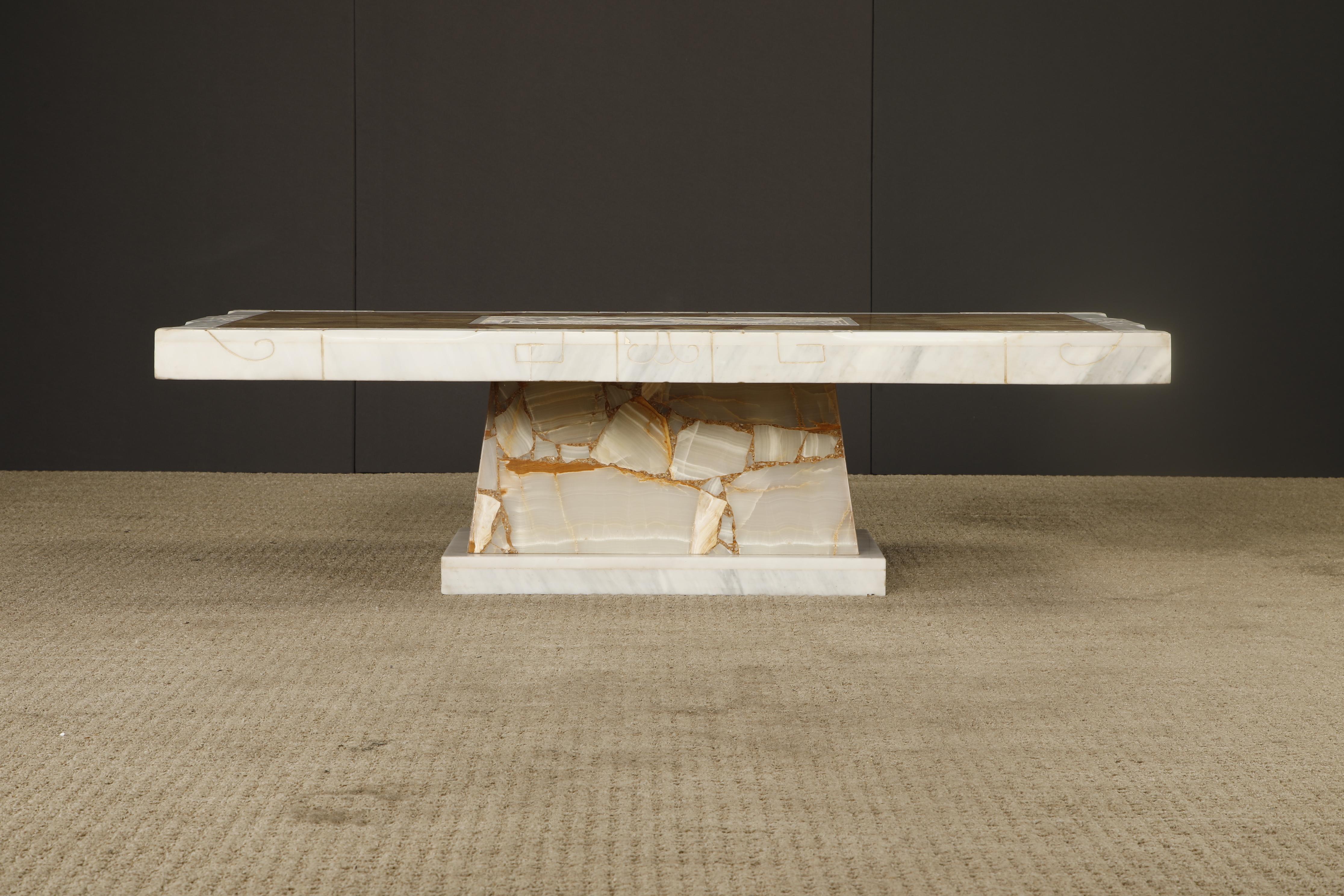 A striking vintage Italian tessellated stone coffee table, crafted from richly patterned onyx and alabaster. The rectangular top features a dramatic patchwork of tessellated golden-brown onyx, framed in creamy alabaster, with a central etched stone