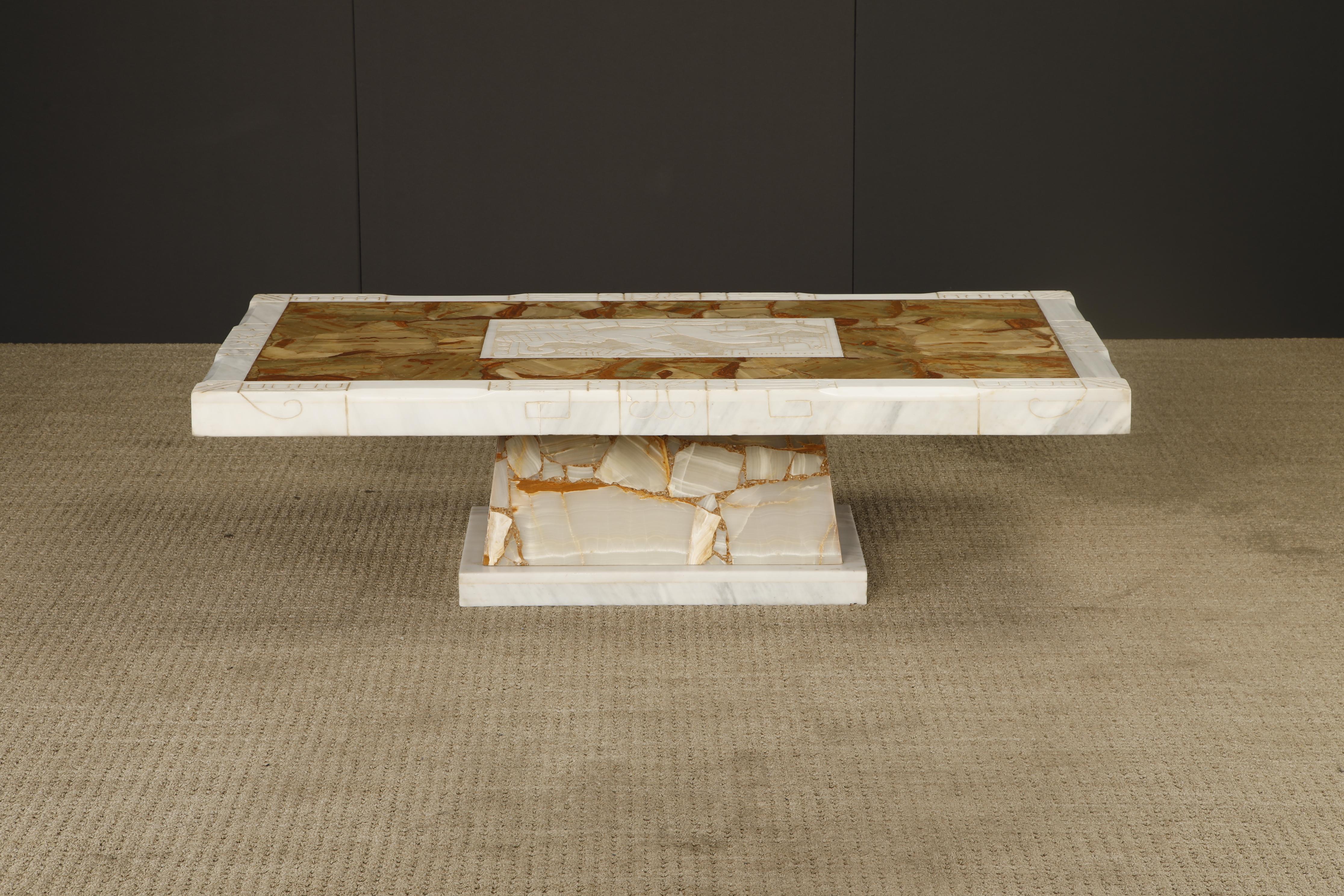 Mid-Century Modern Vintage Italian Tessellated Onyx Coffee Table with Etched Stone Inset, 1970s For Sale