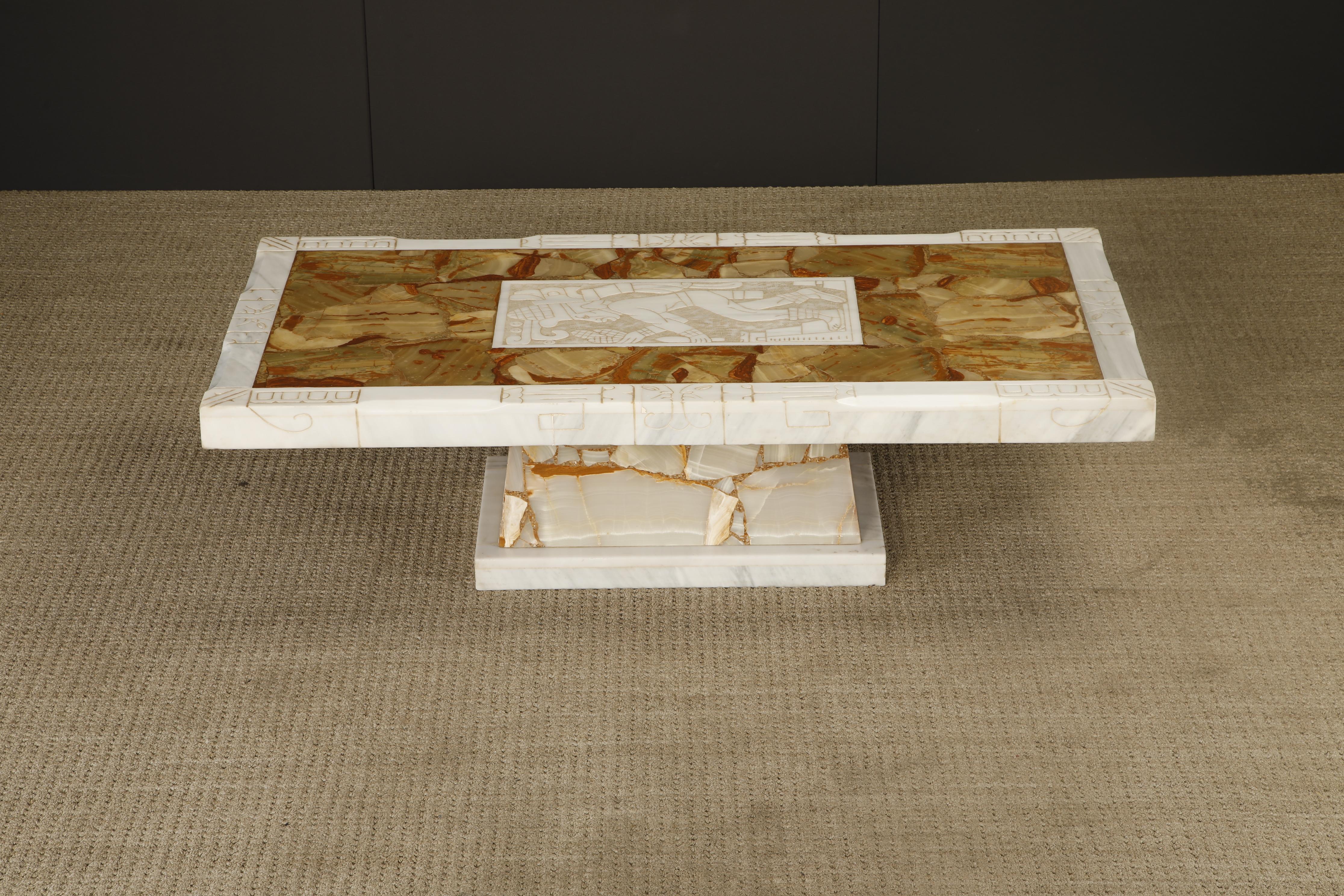 Vintage Italian Tessellated Onyx Coffee Table with Etched Stone Inset, 1970s In Good Condition For Sale In Los Angeles, CA