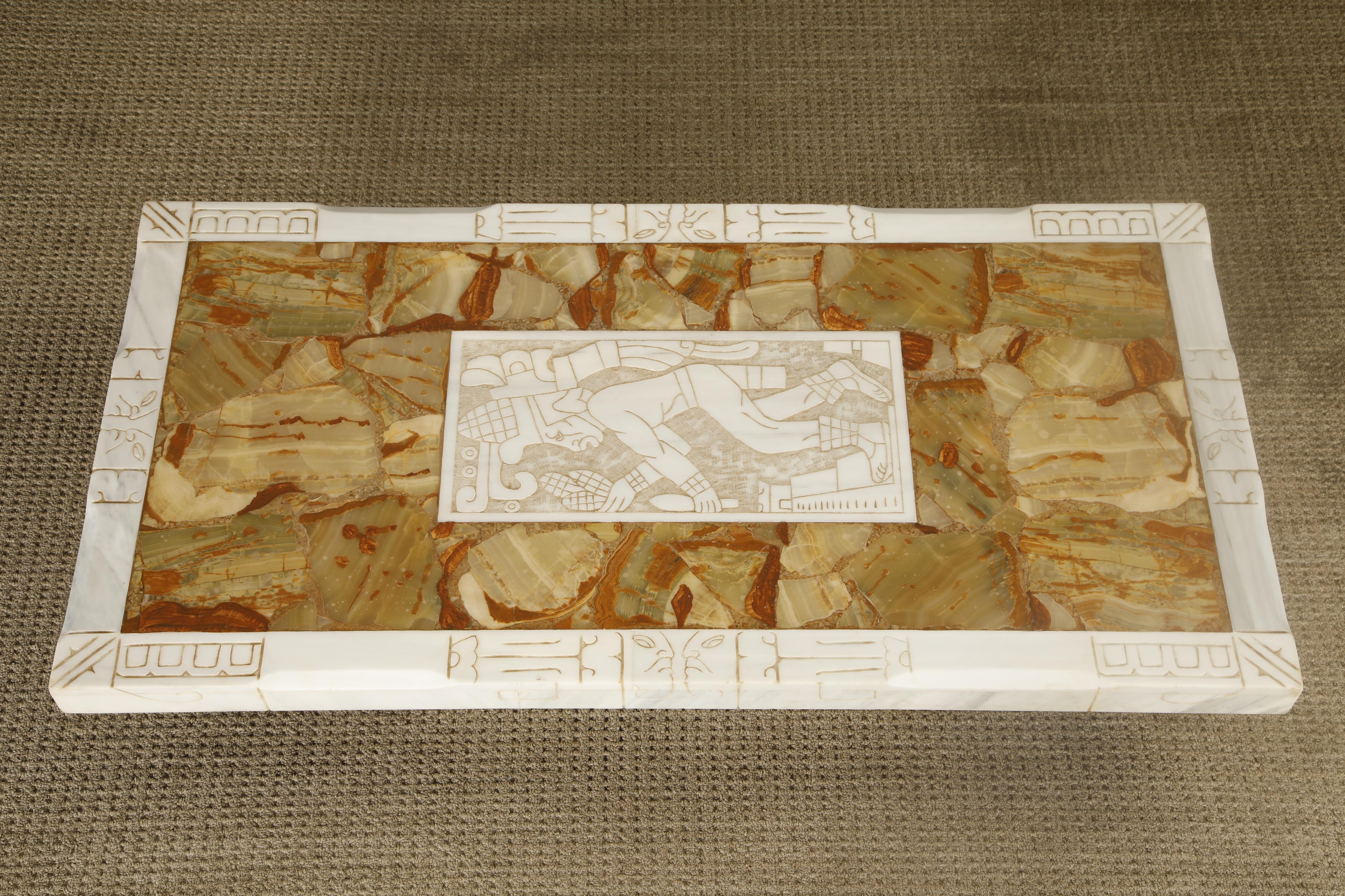 Late 20th Century Vintage Italian Tessellated Onyx Coffee Table with Etched Stone Inset, 1970s For Sale