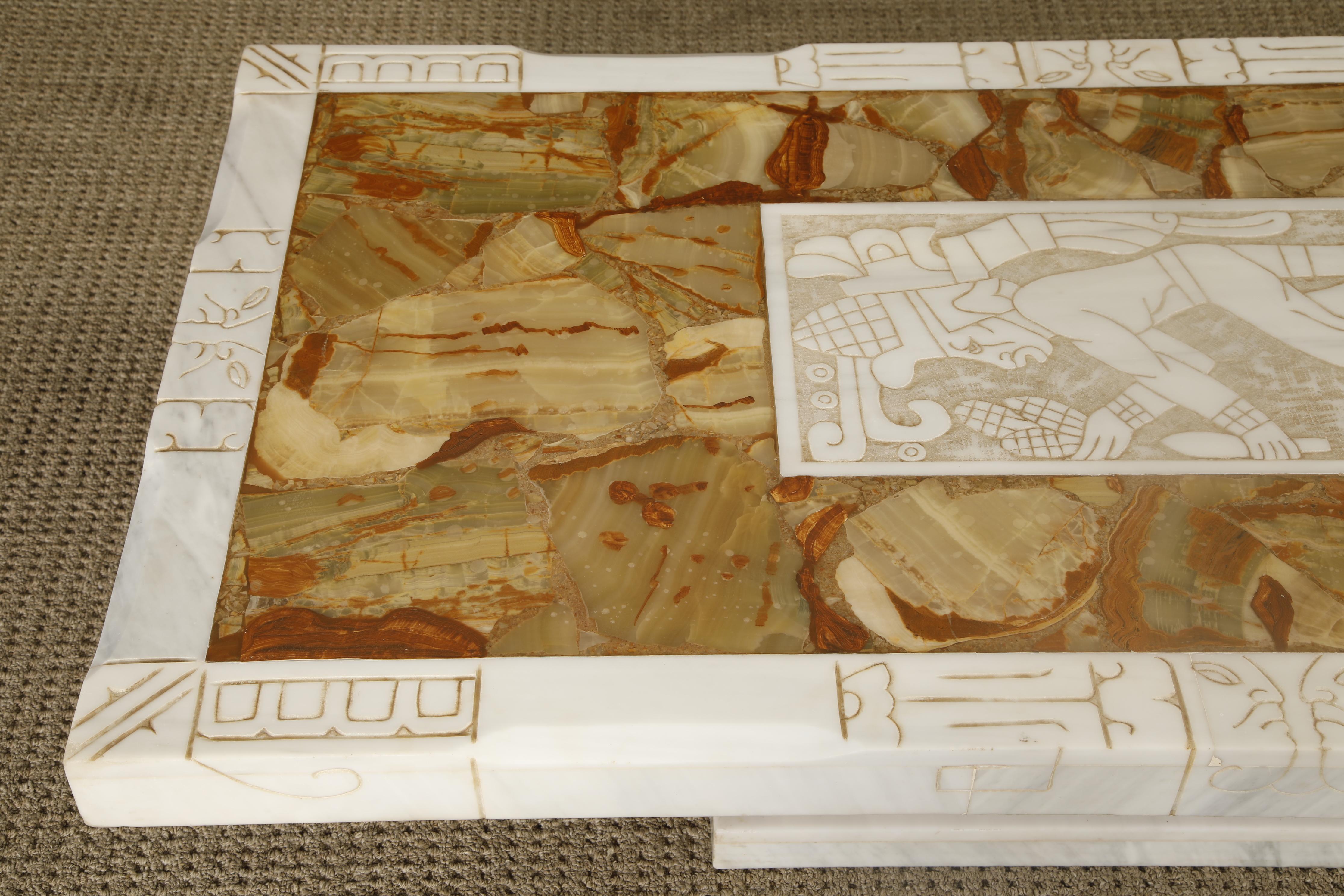 Vintage Italian Tessellated Onyx Coffee Table with Etched Stone Inset, 1970s For Sale 1
