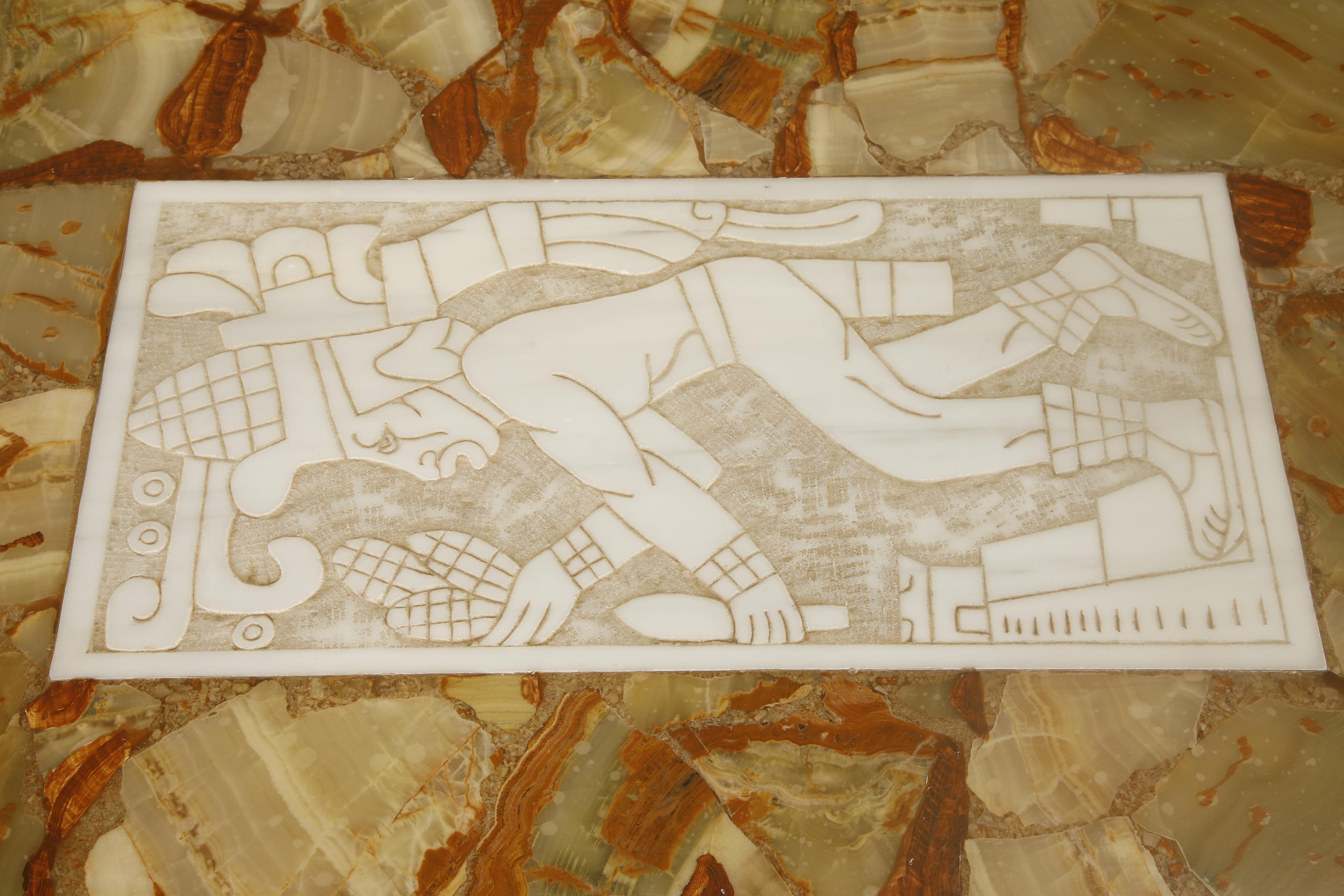 Vintage Italian Tessellated Onyx Coffee Table with Etched Stone Inset, 1970s For Sale 3