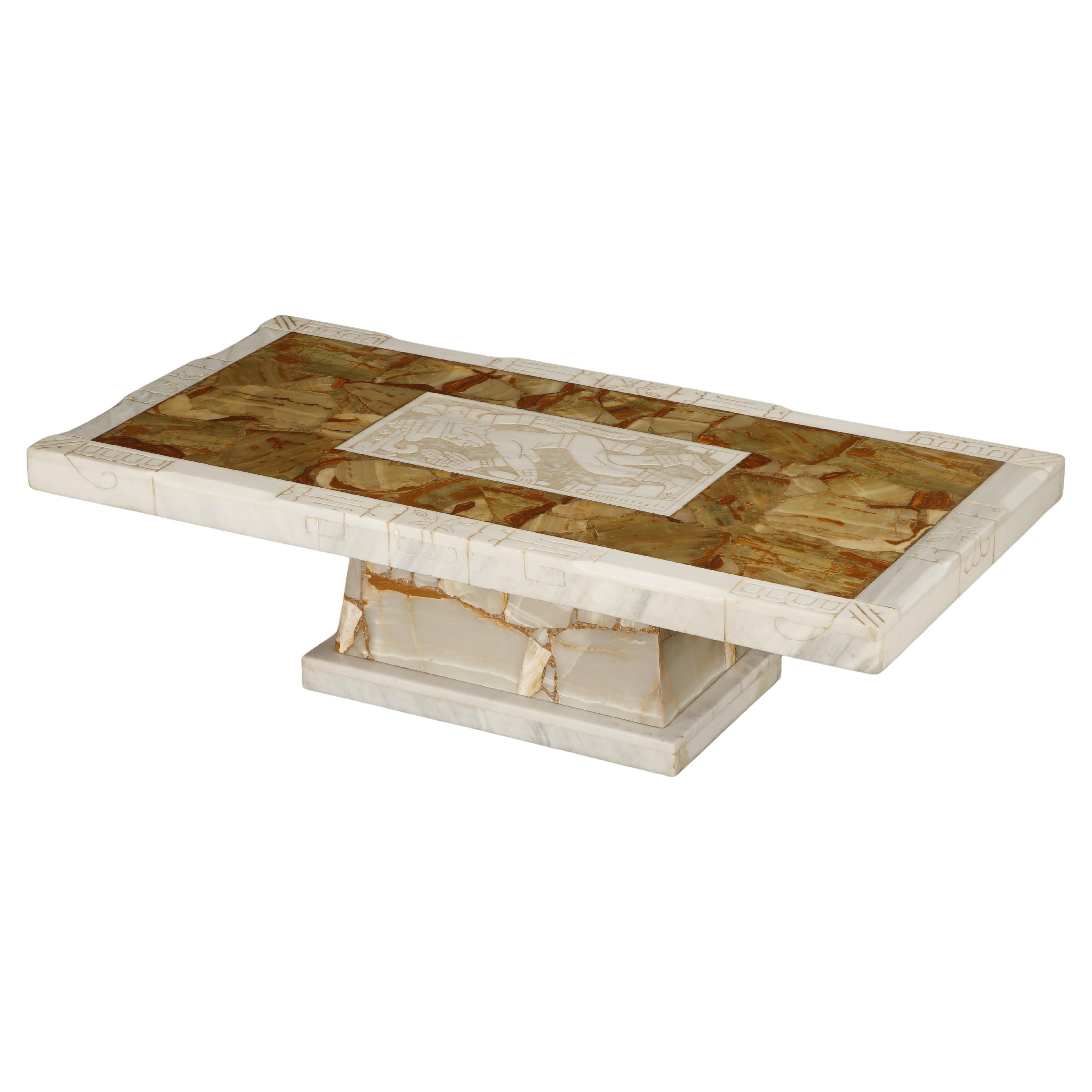 Vintage Italian Tessellated Onyx Coffee Table with Etched Stone Inset, 1970s For Sale