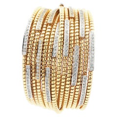 Vintage Italian Tessitore 18K Yellow Gold Tubogas and Diamond Multi-Row Cuff