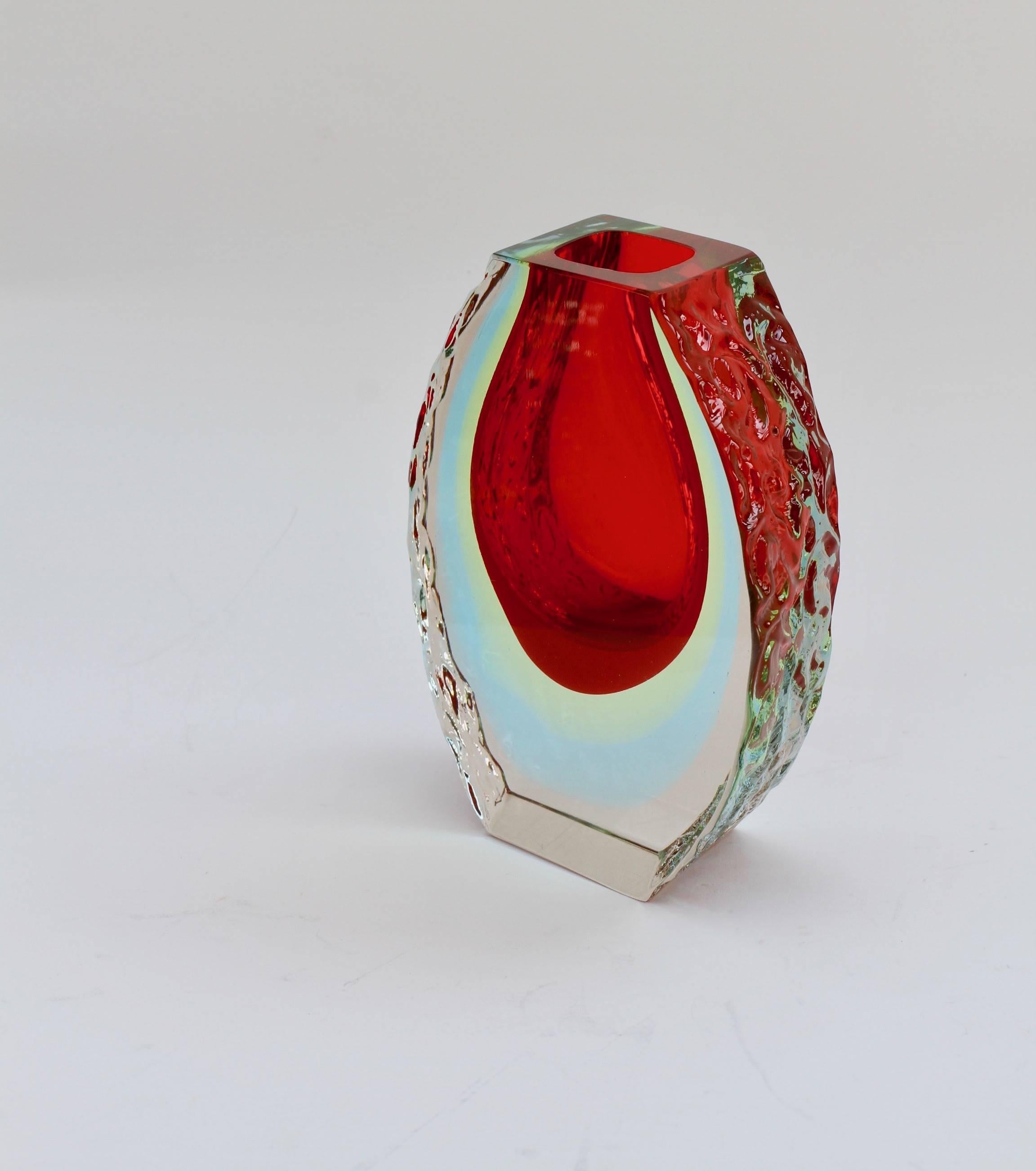 Late 20th Century Vintage Italian Textured and Faceted Red Murano 'Sommerso' Glass Vase circa 1980