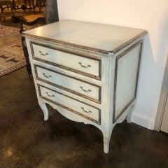 Vintage Italian Three-Drawer Nightstand in Distressed Blue with Silver Leaf Acce