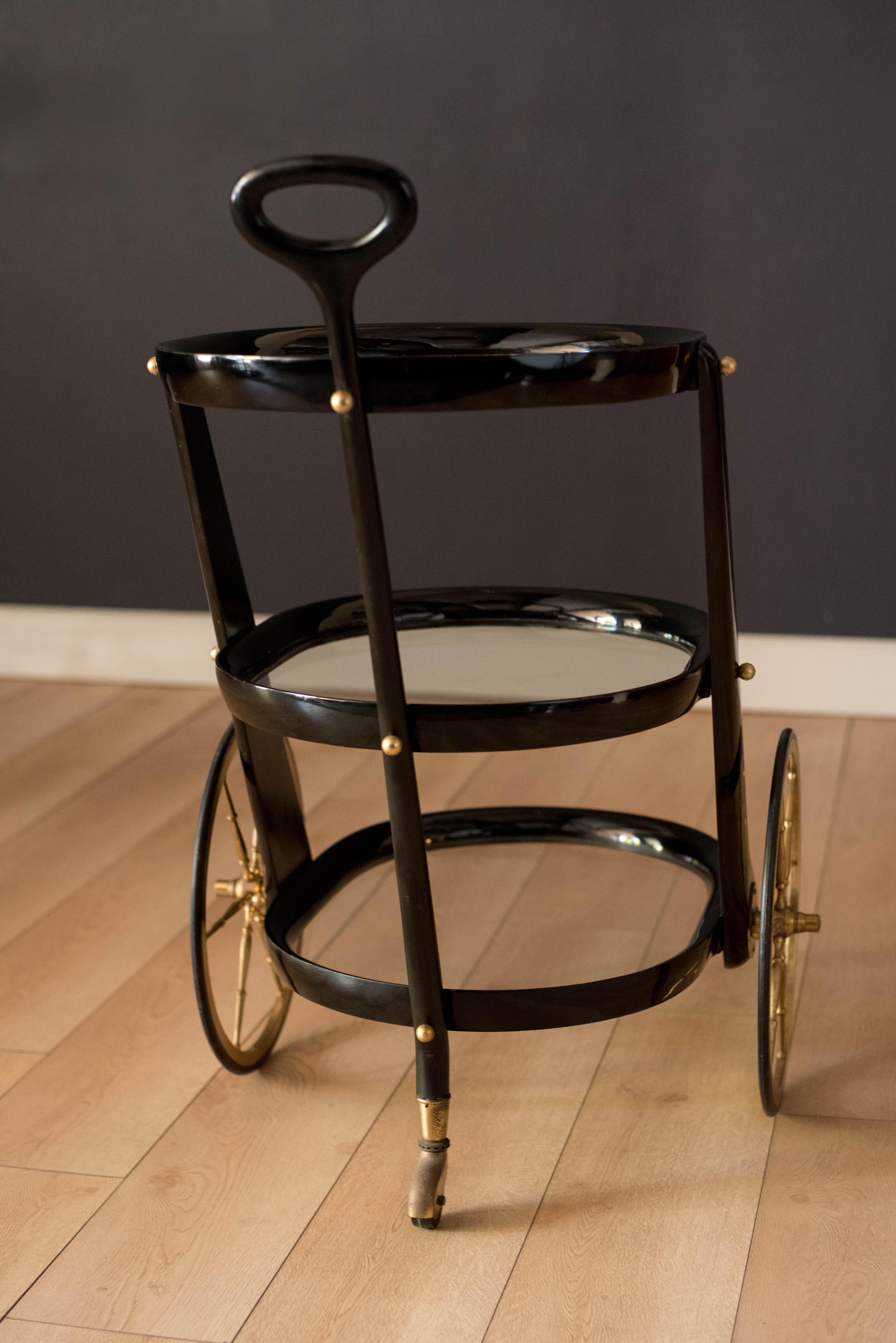 Brass Vintage Italian Three-Tier Lacquered Black Bar Cart by Aldo Tura For Sale