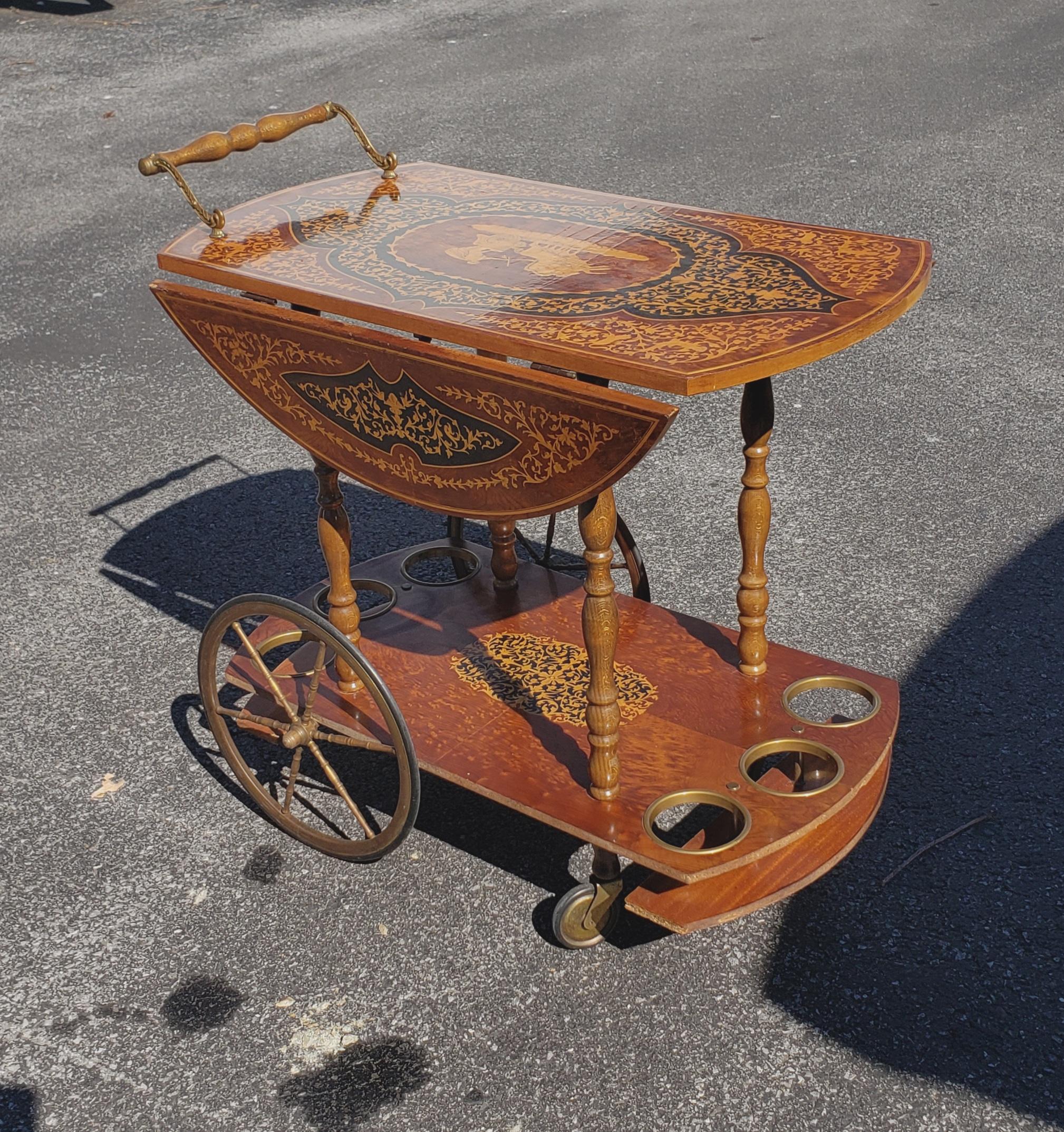 Veneer Vintage Italian Tiered Marquetry Drop-Leaf Dessert / Bar Cart Trolley For Sale
