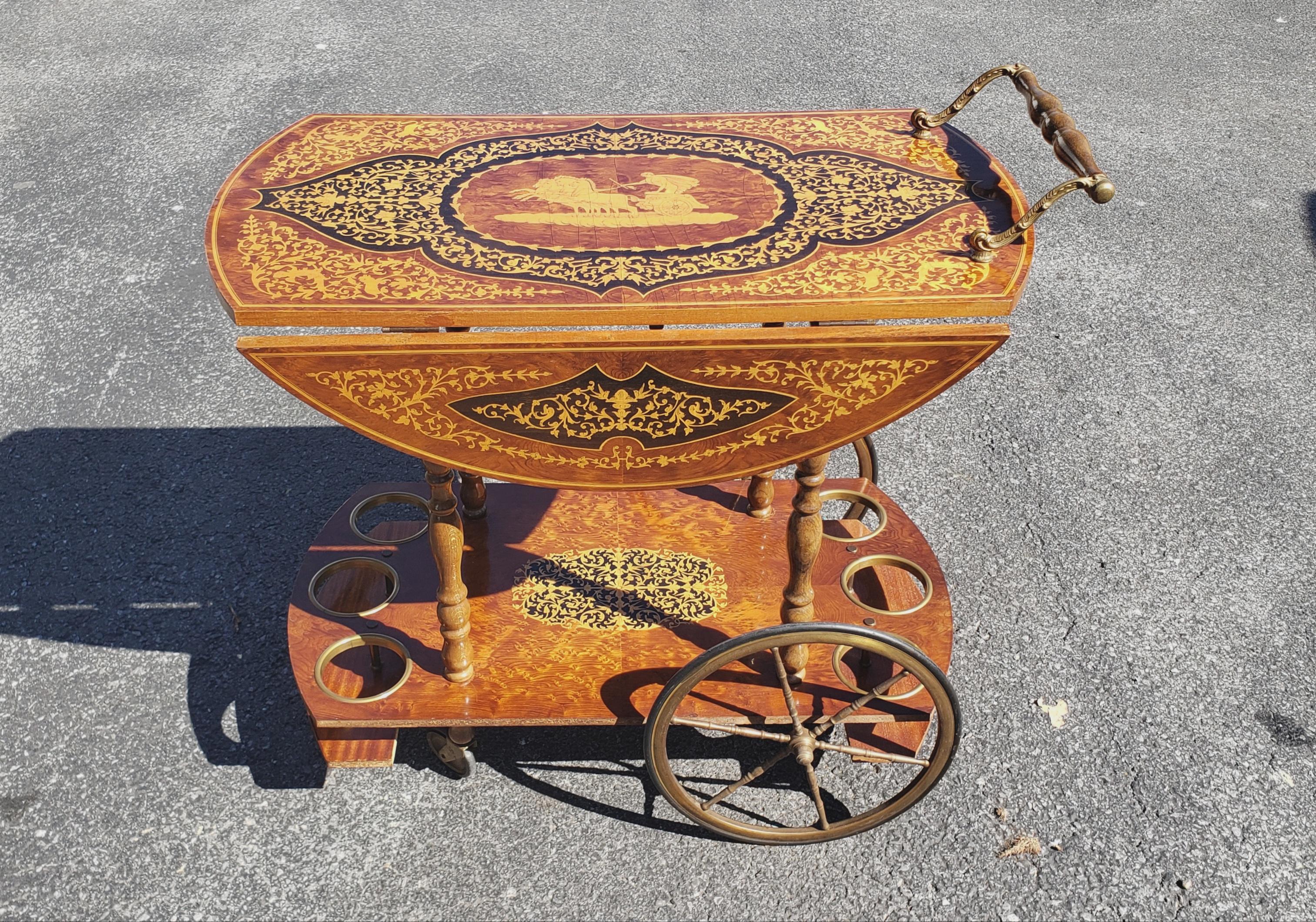 Vintage Italian Tiered Marquetry Drop-Leaf Dessert / Bar Cart Trolley In Good Condition For Sale In Germantown, MD