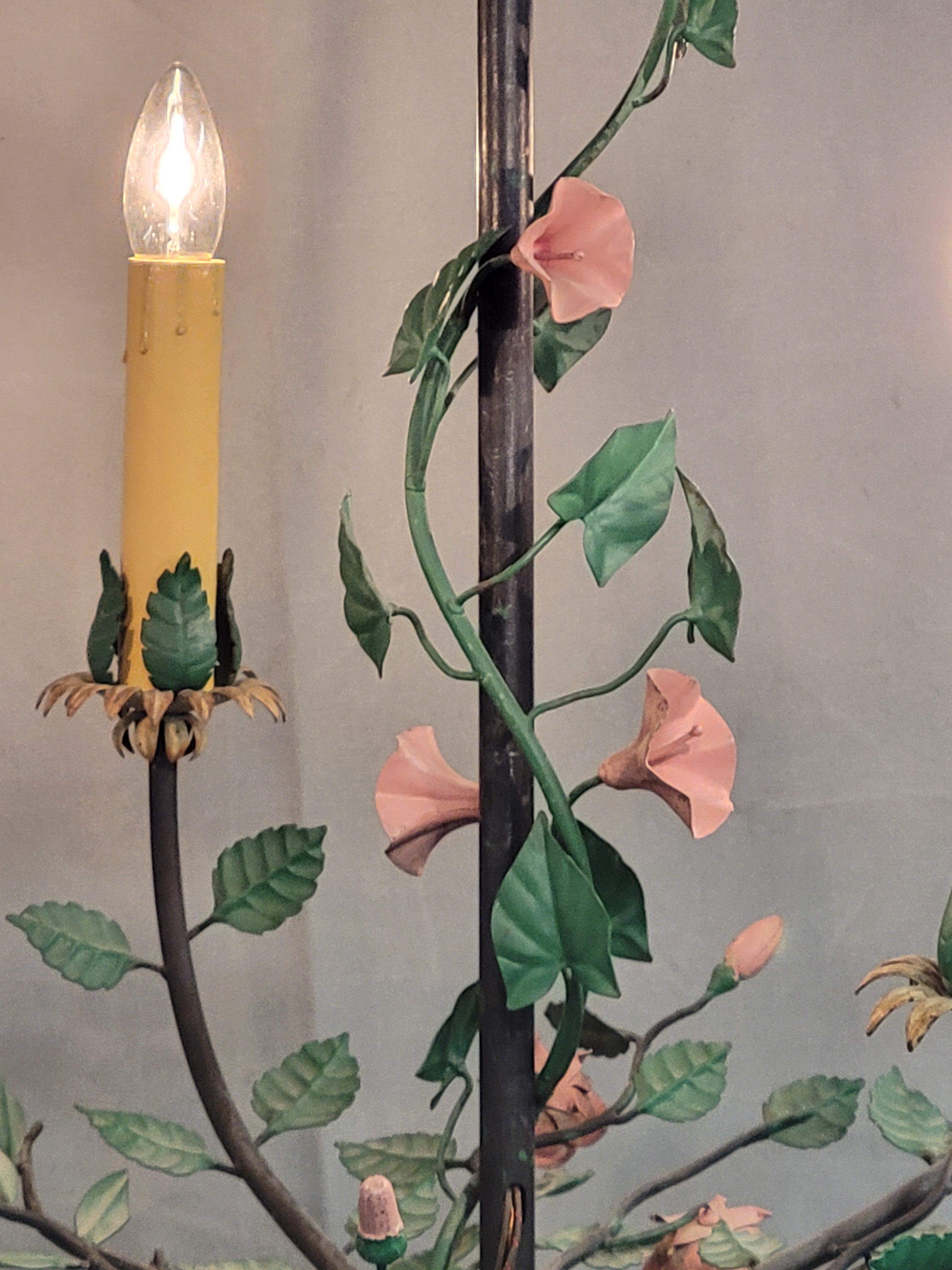 Vintage Italian Tole 6 Arm Floral Chandelier In Good Condition For Sale In Centennial, CO