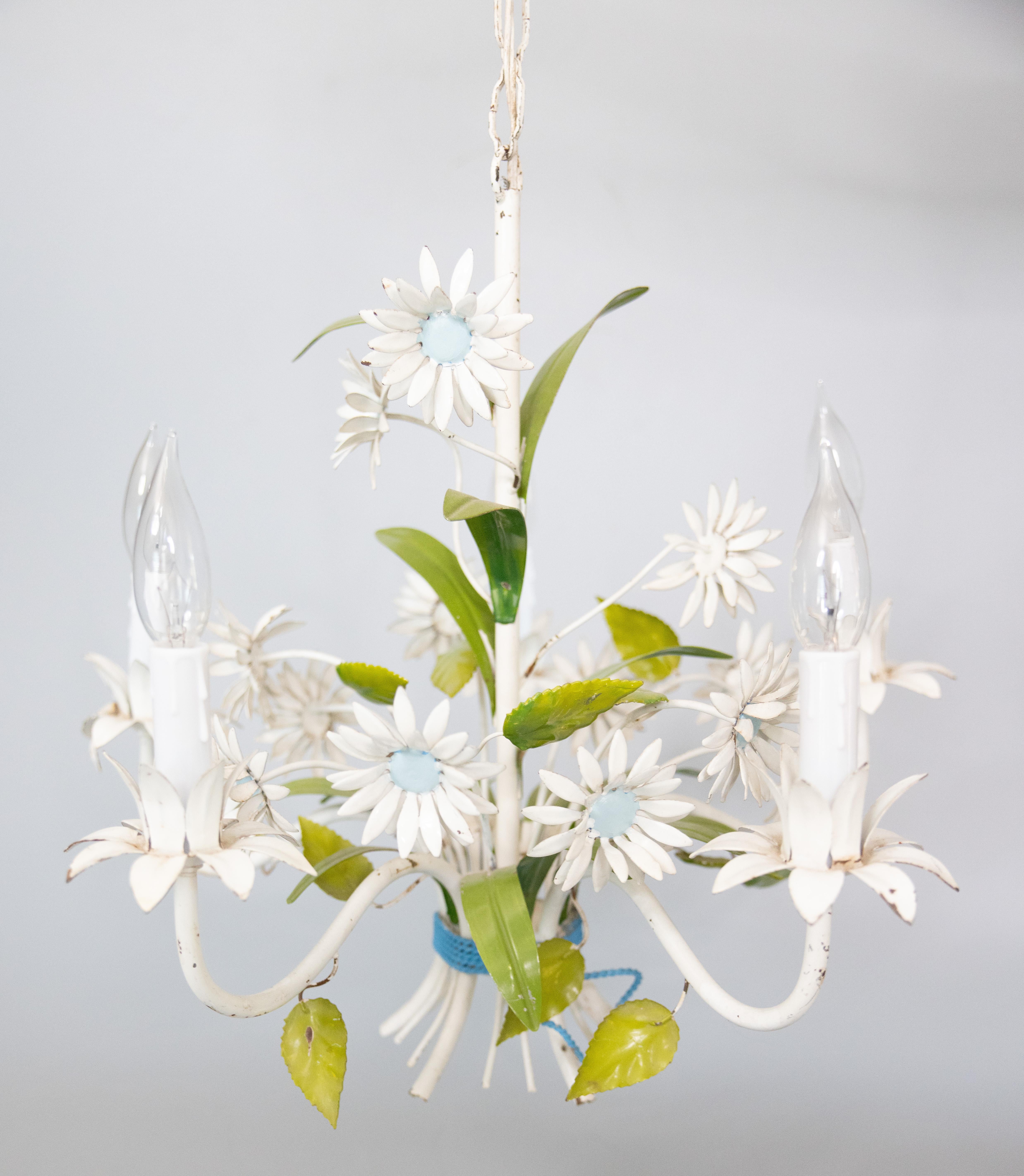 Hand-Painted Vintage Italian Tole Daisy Floral Chandelier, circa 1950