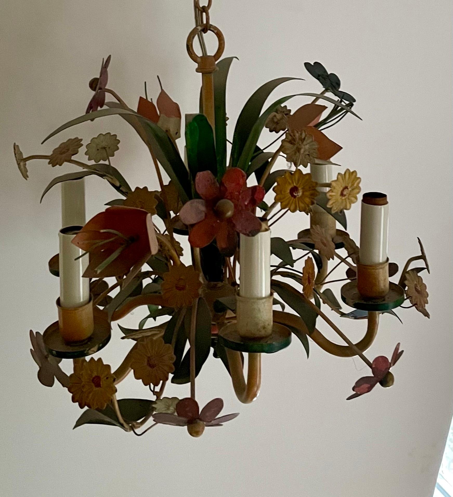 Hollywood Regency Vintage Italian Tole Floral Bouquet Chandelier