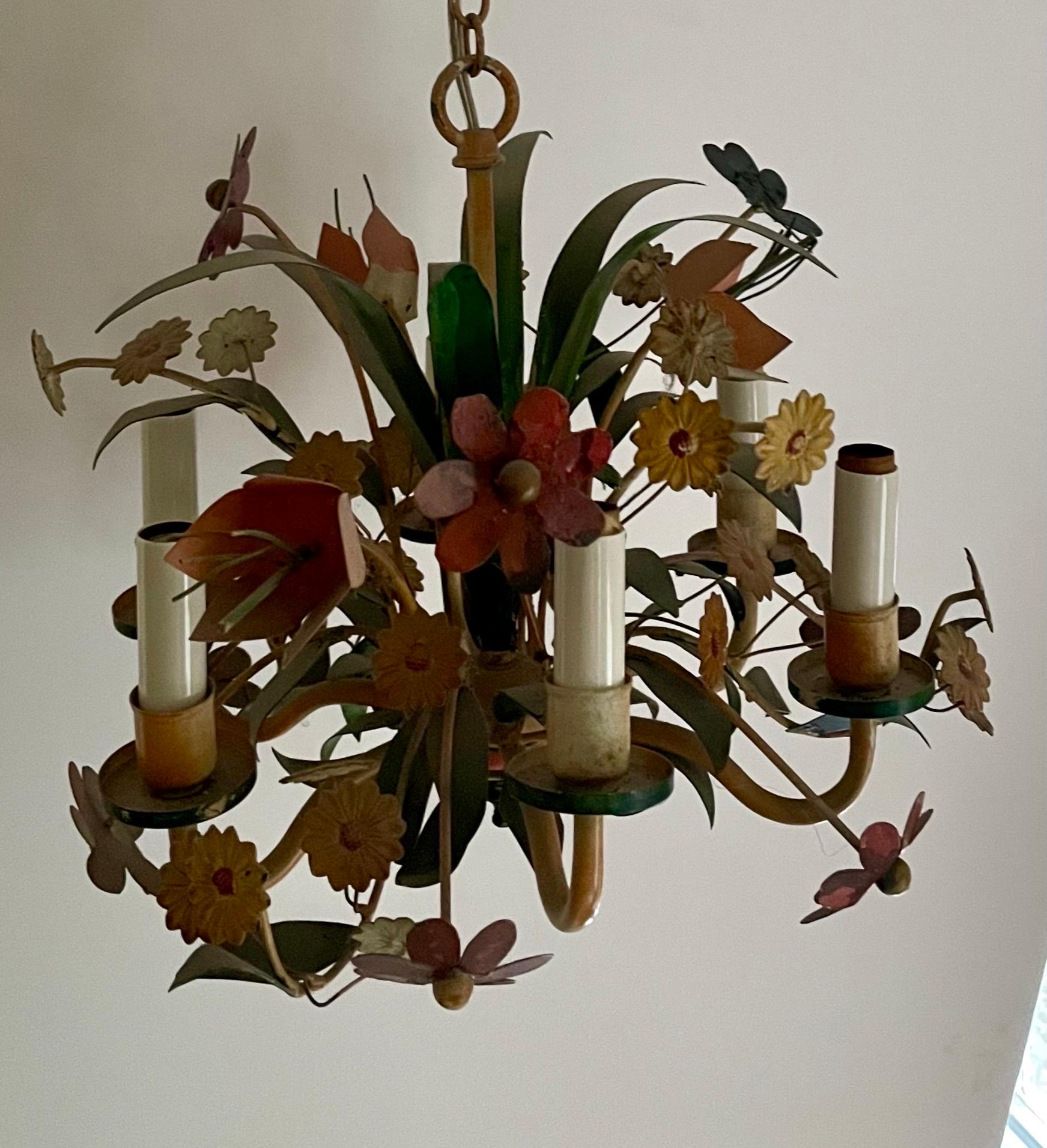 Hand-Painted Vintage Italian Tole Floral Bouquet Chandelier