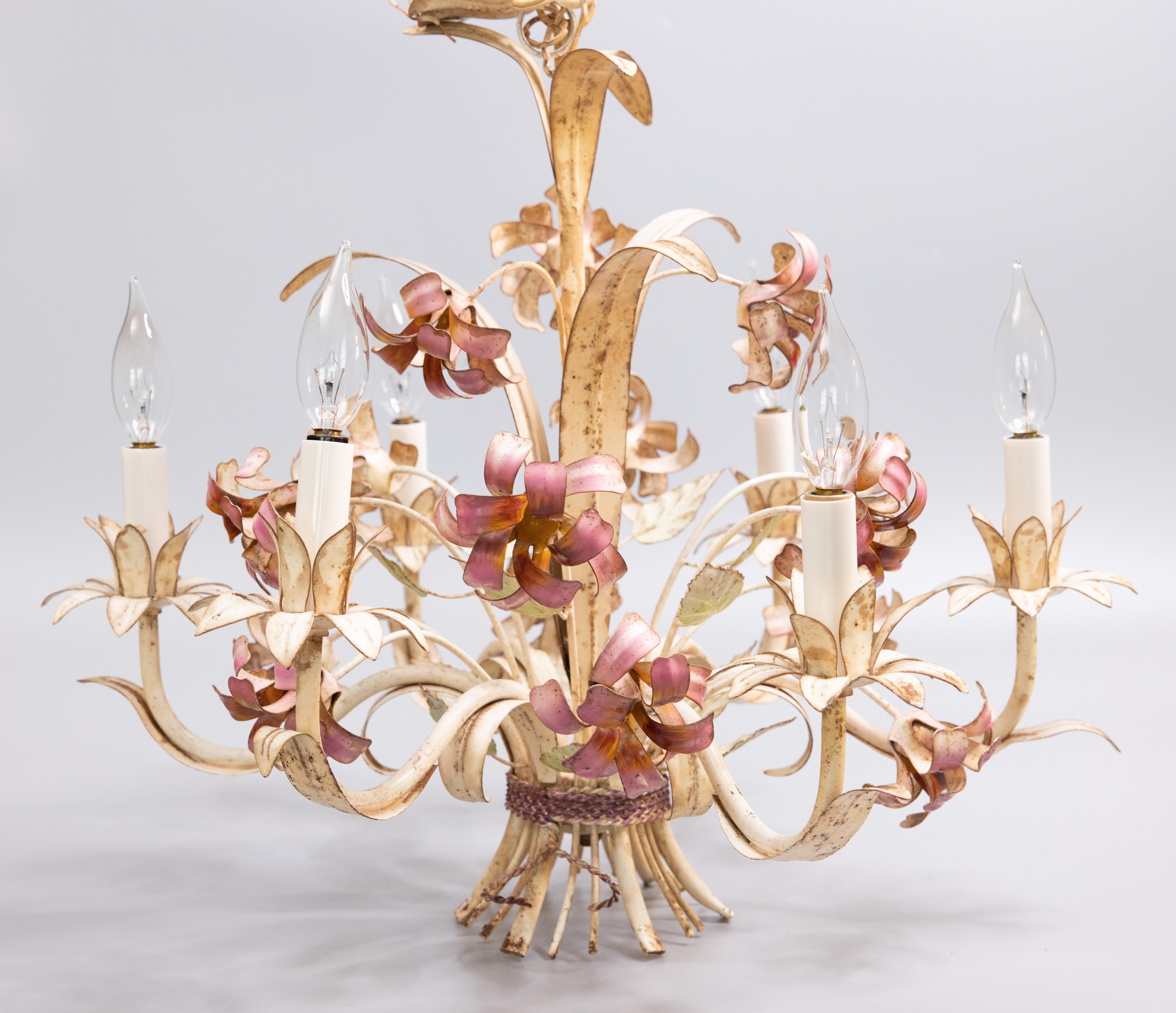 Vintage Italian Tole Floral Chandelier, circa 1950 In Good Condition For Sale In Pearland, TX