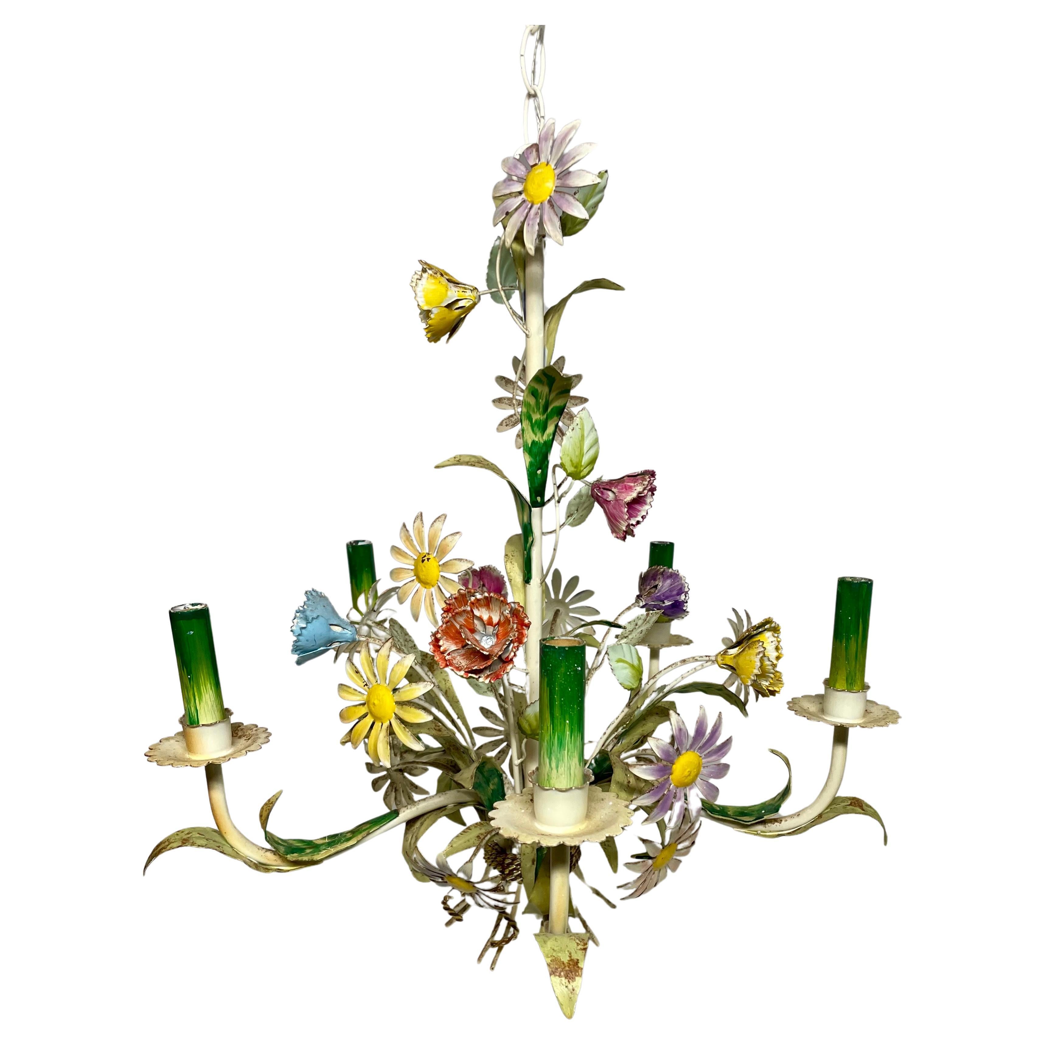 Italiano Lampadario floreale italiano vintage in tole