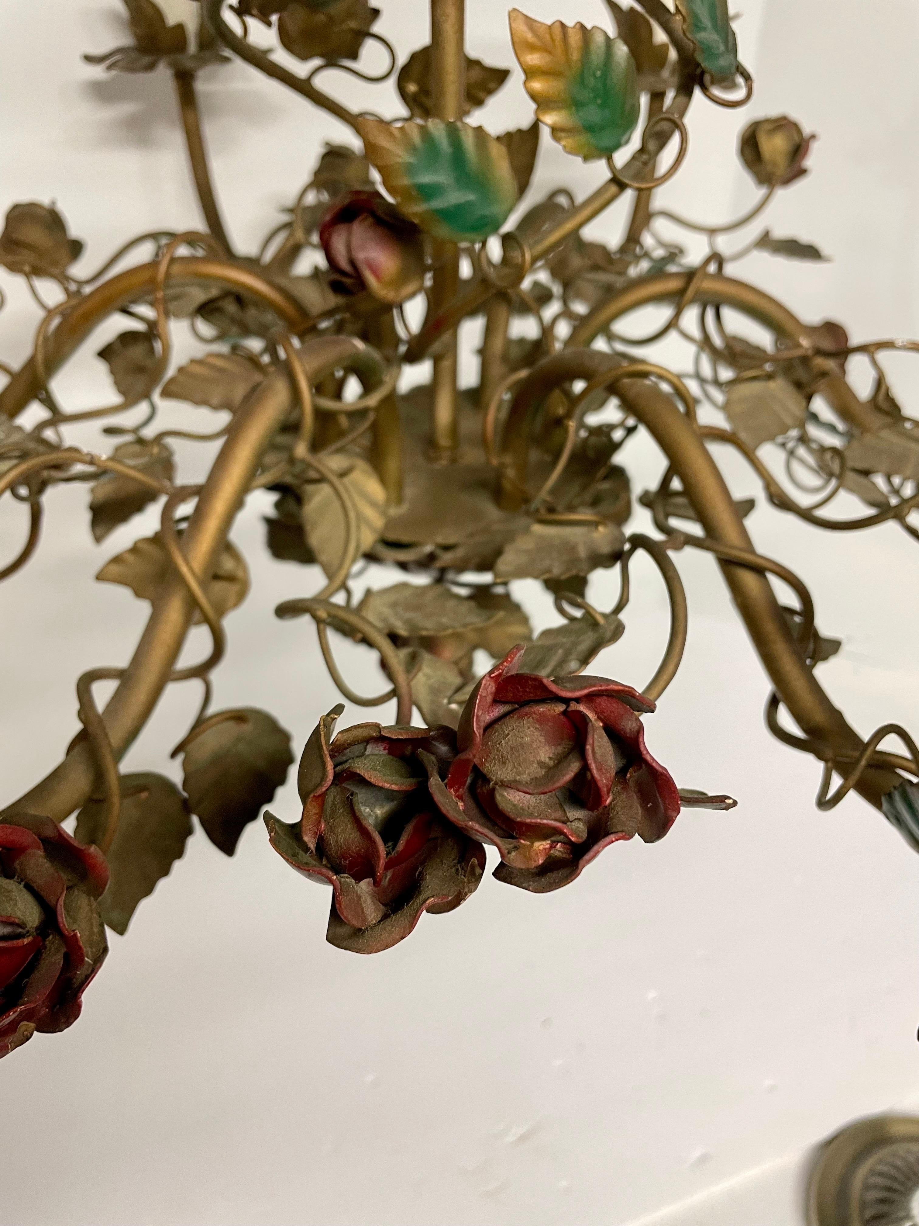 Vintage Italian Tole Floral Chandelier With Red Roses & Leaves 1