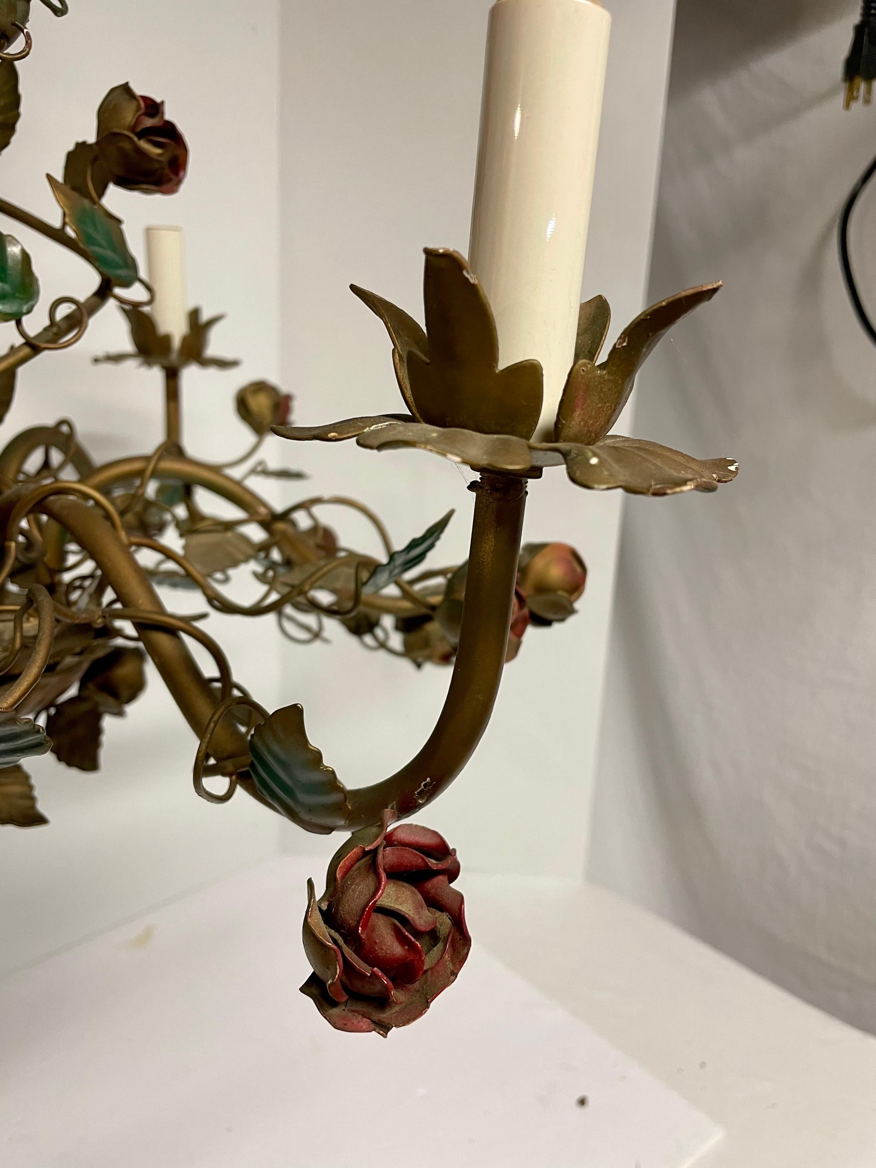 Vintage Italian Tole Floral Chandelier With Red Roses & Leaves 2