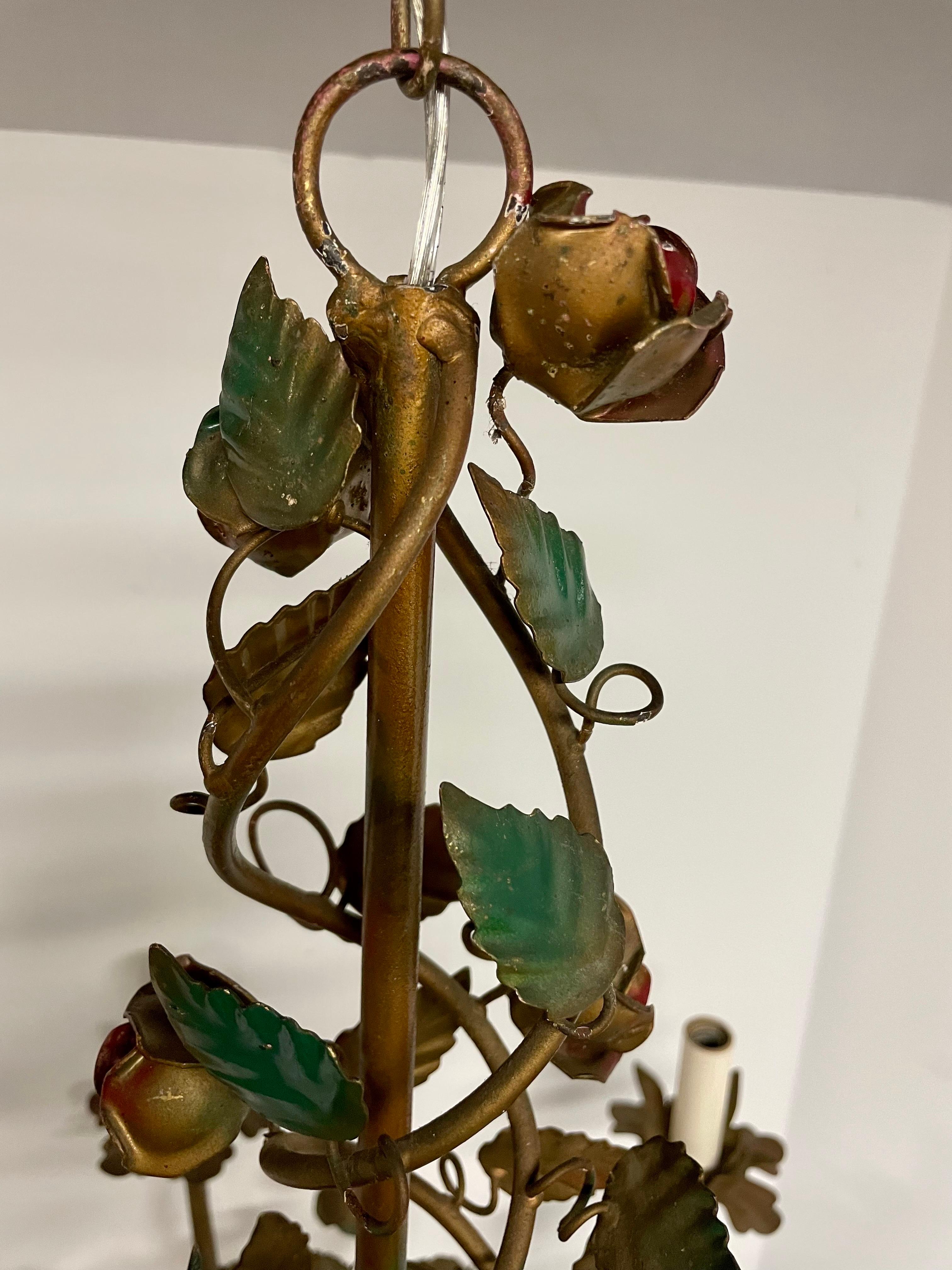 Vintage Italian Tole Floral Chandelier With Red Roses & Leaves 3