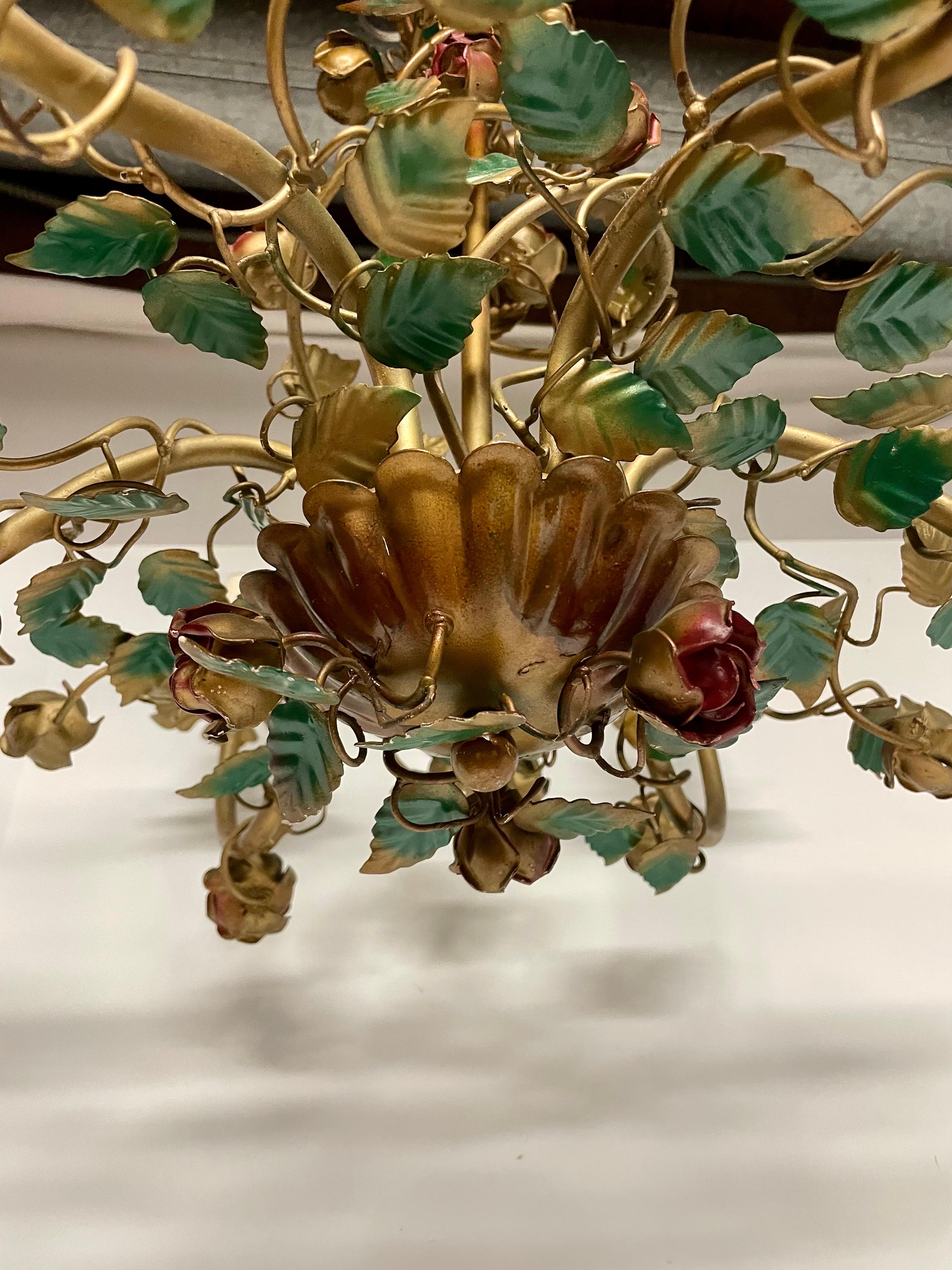 Vintage Italian Tole Floral Chandelier With Red Roses & Leaves 6