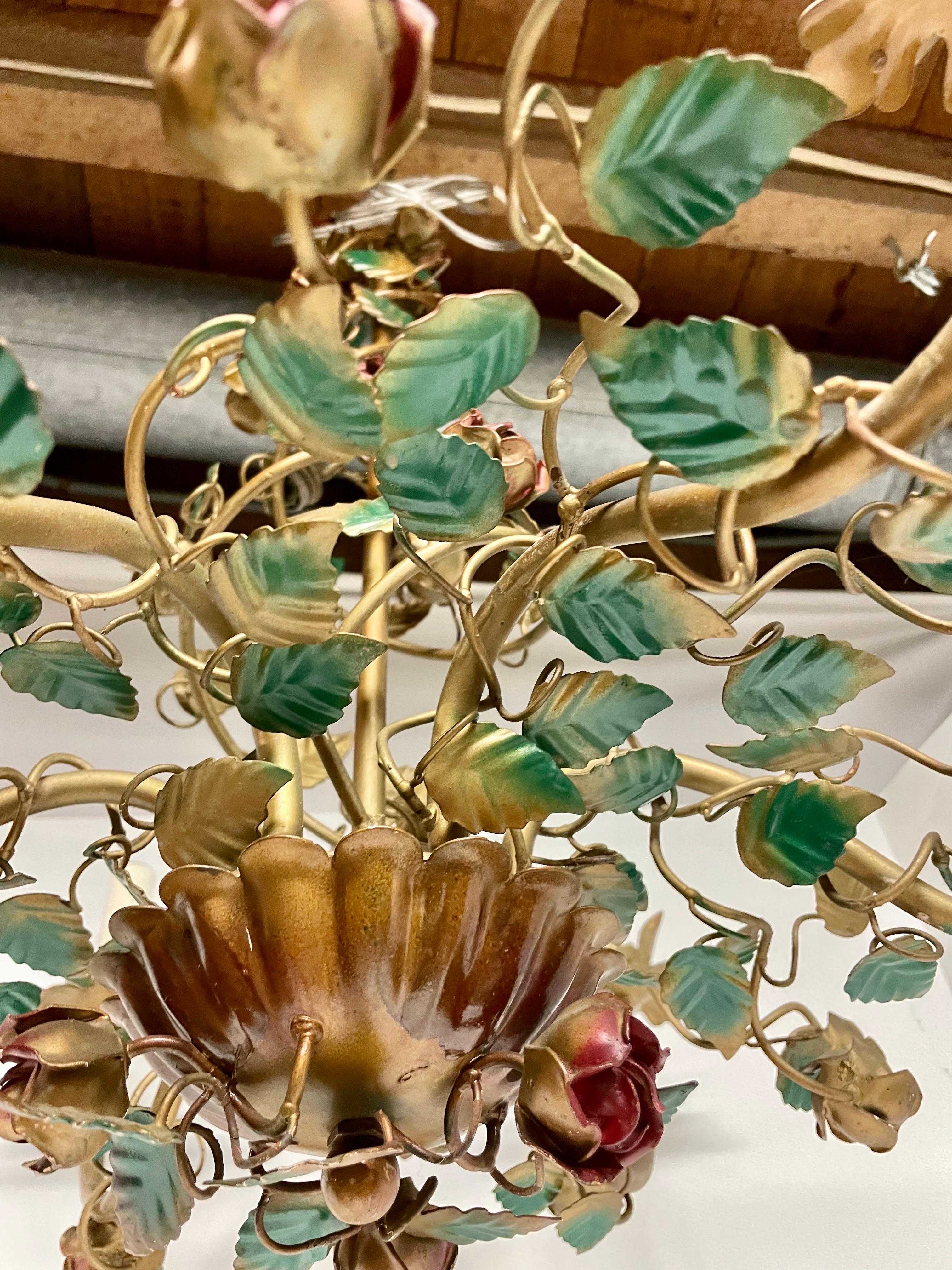 Hollywood Regency Vintage Italian Tole Floral Chandelier With Red Roses & Leaves