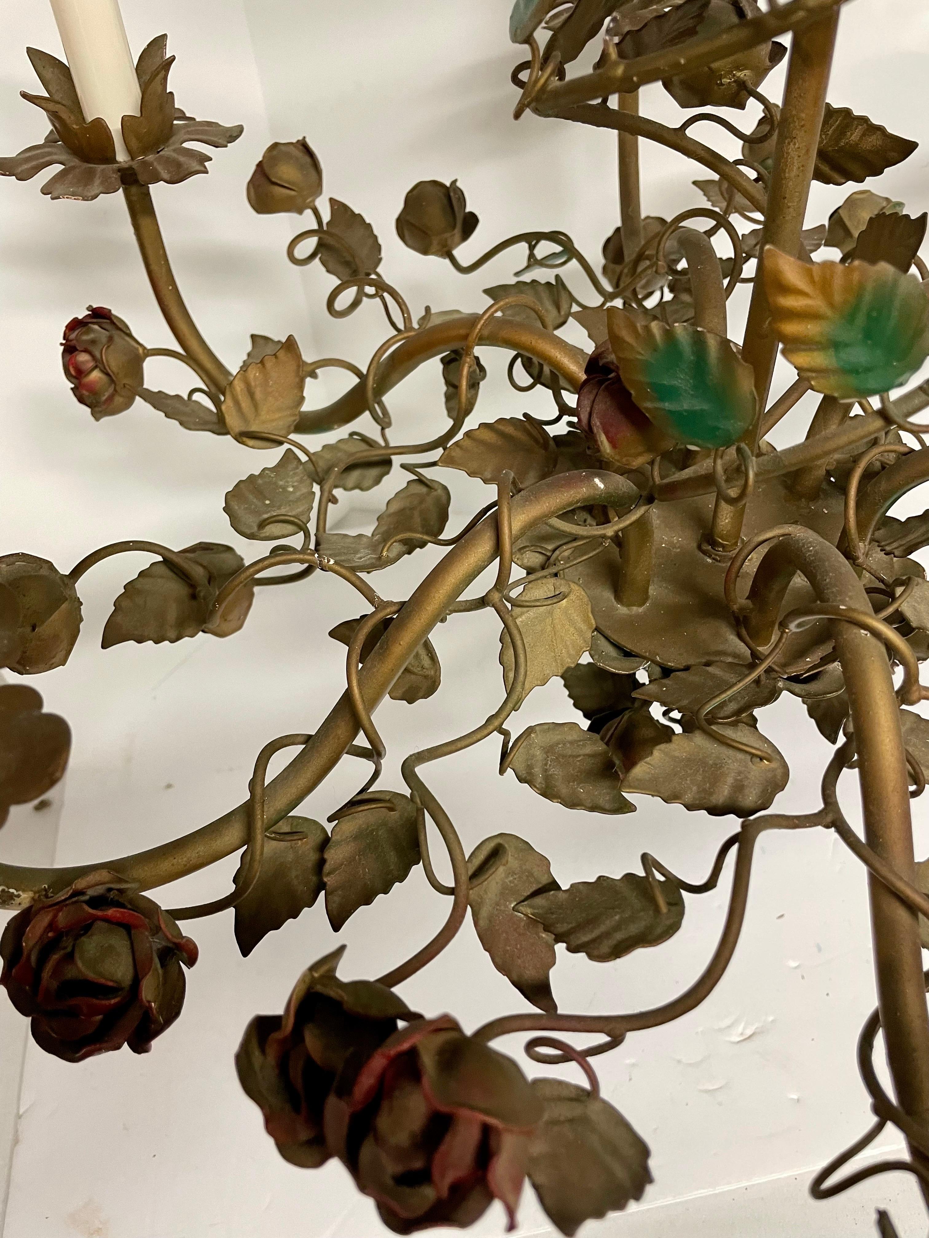 Hand-Painted Vintage Italian Tole Floral Chandelier With Red Roses & Leaves