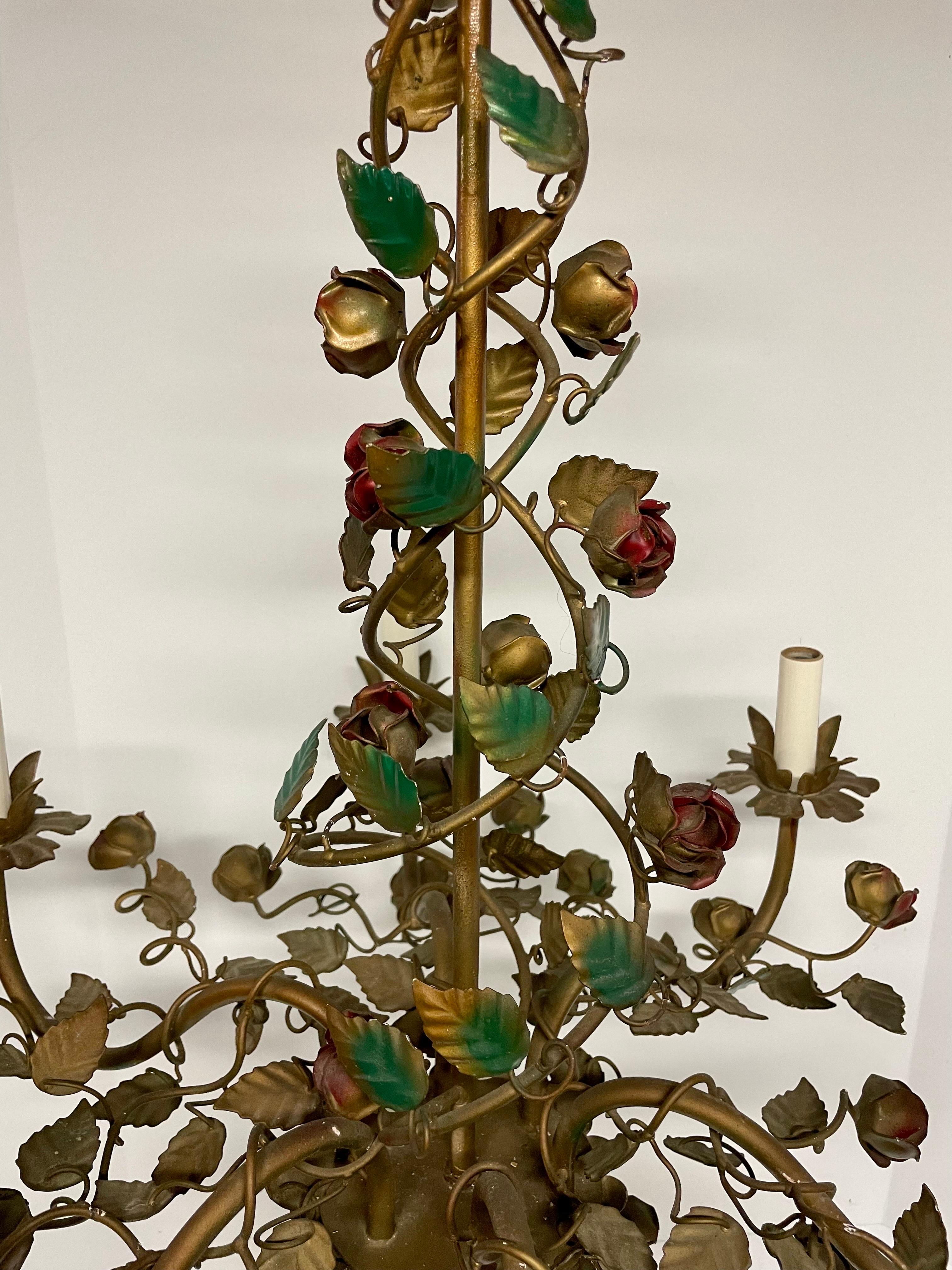 Vintage Italian Tole Floral Chandelier With Red Roses & Leaves In Good Condition In New York, NY