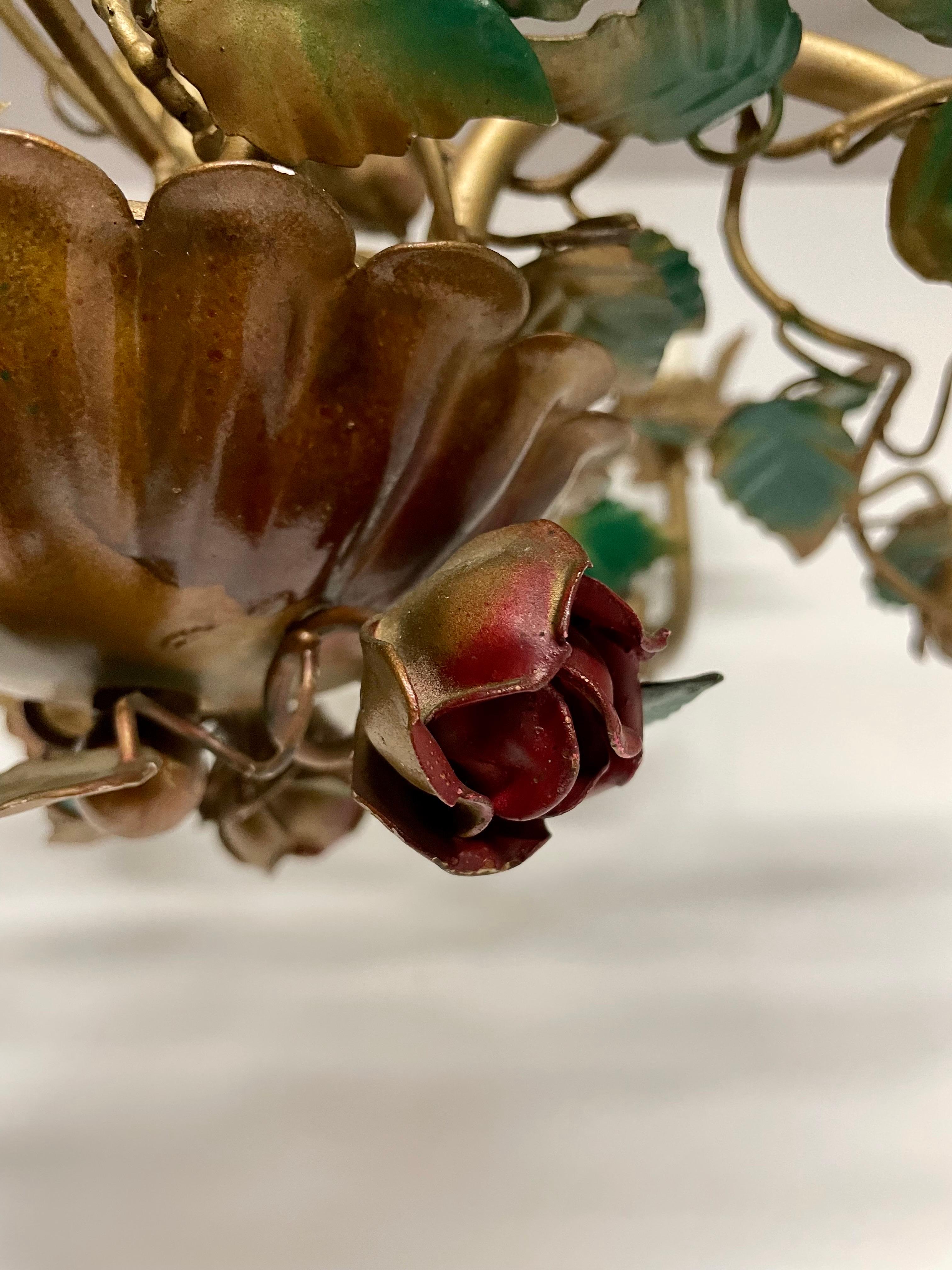 20th Century Vintage Italian Tole Floral Chandelier With Red Roses & Leaves
