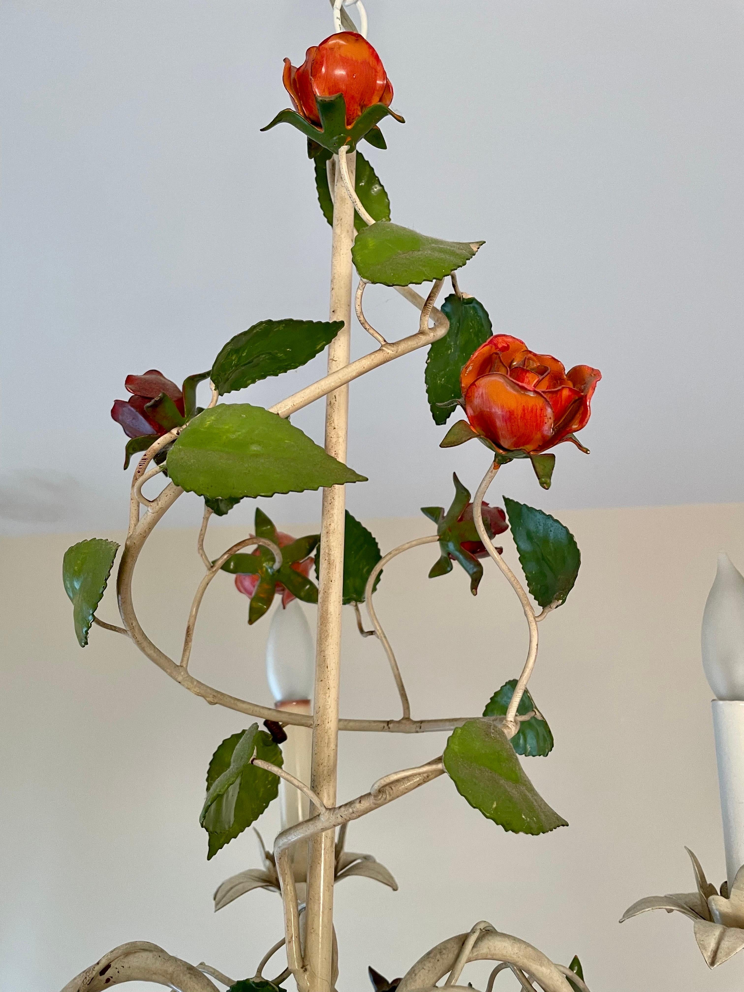 Vintage Italian Tole Floral Chandelier with Roses 2
