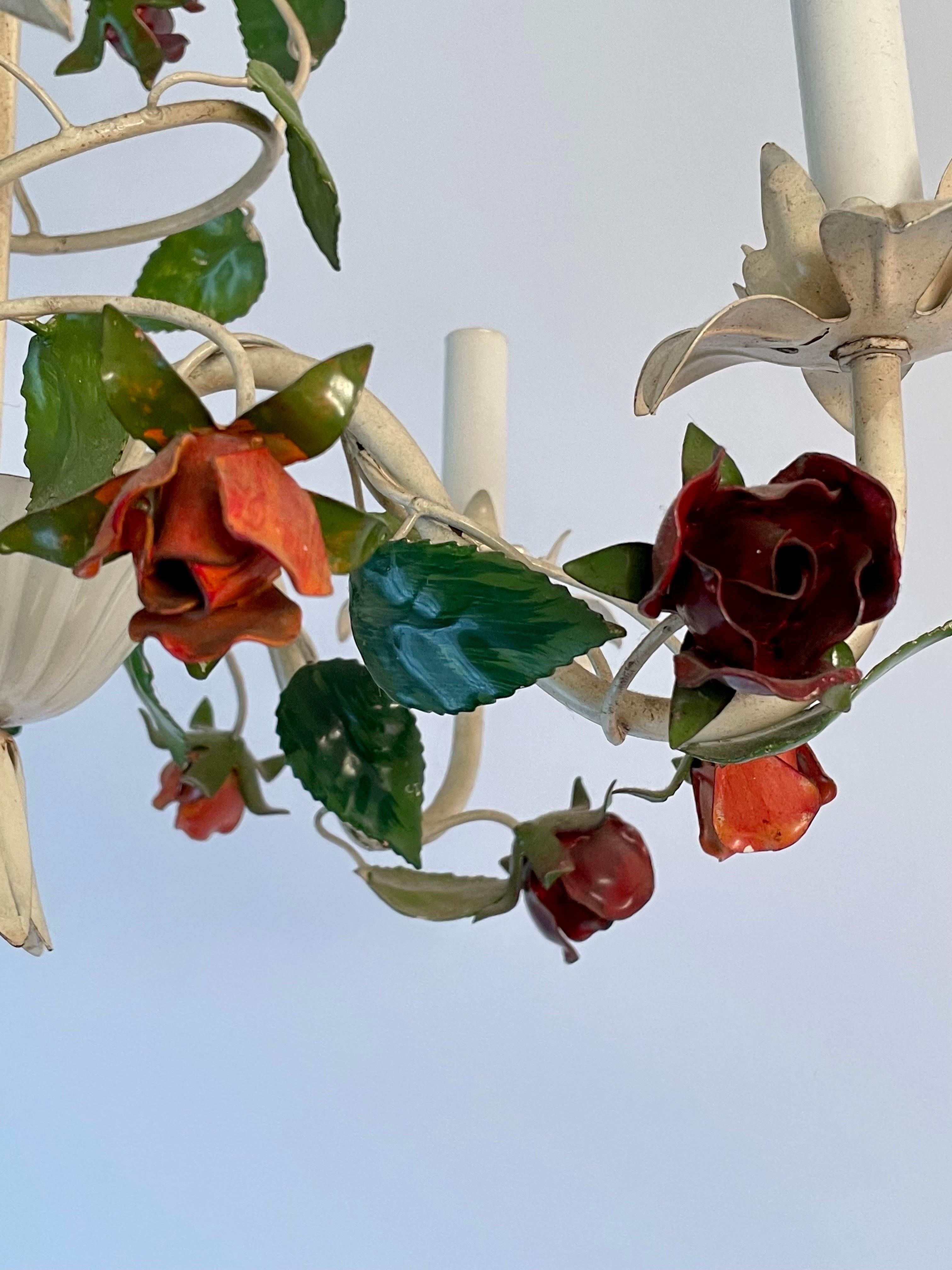 Vintage Italian Tole Floral Chandelier with Roses 7