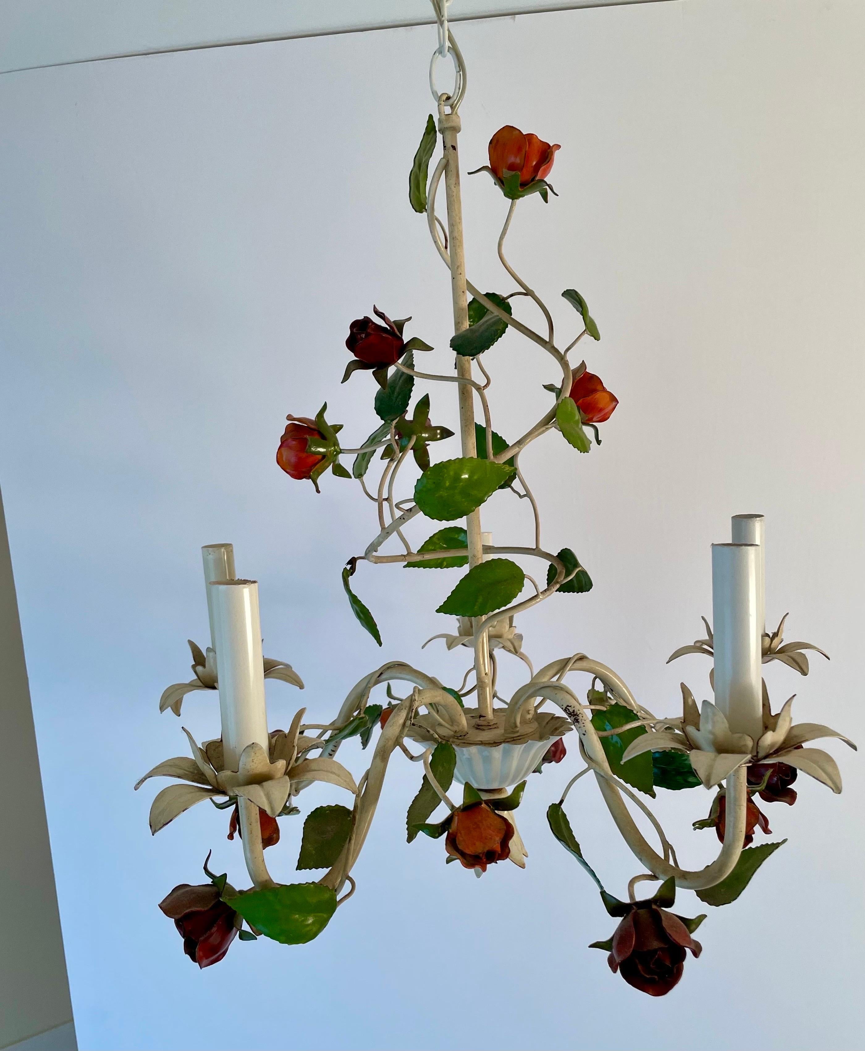 Hollywood Regency Vintage Italian Tole Floral Chandelier with Roses