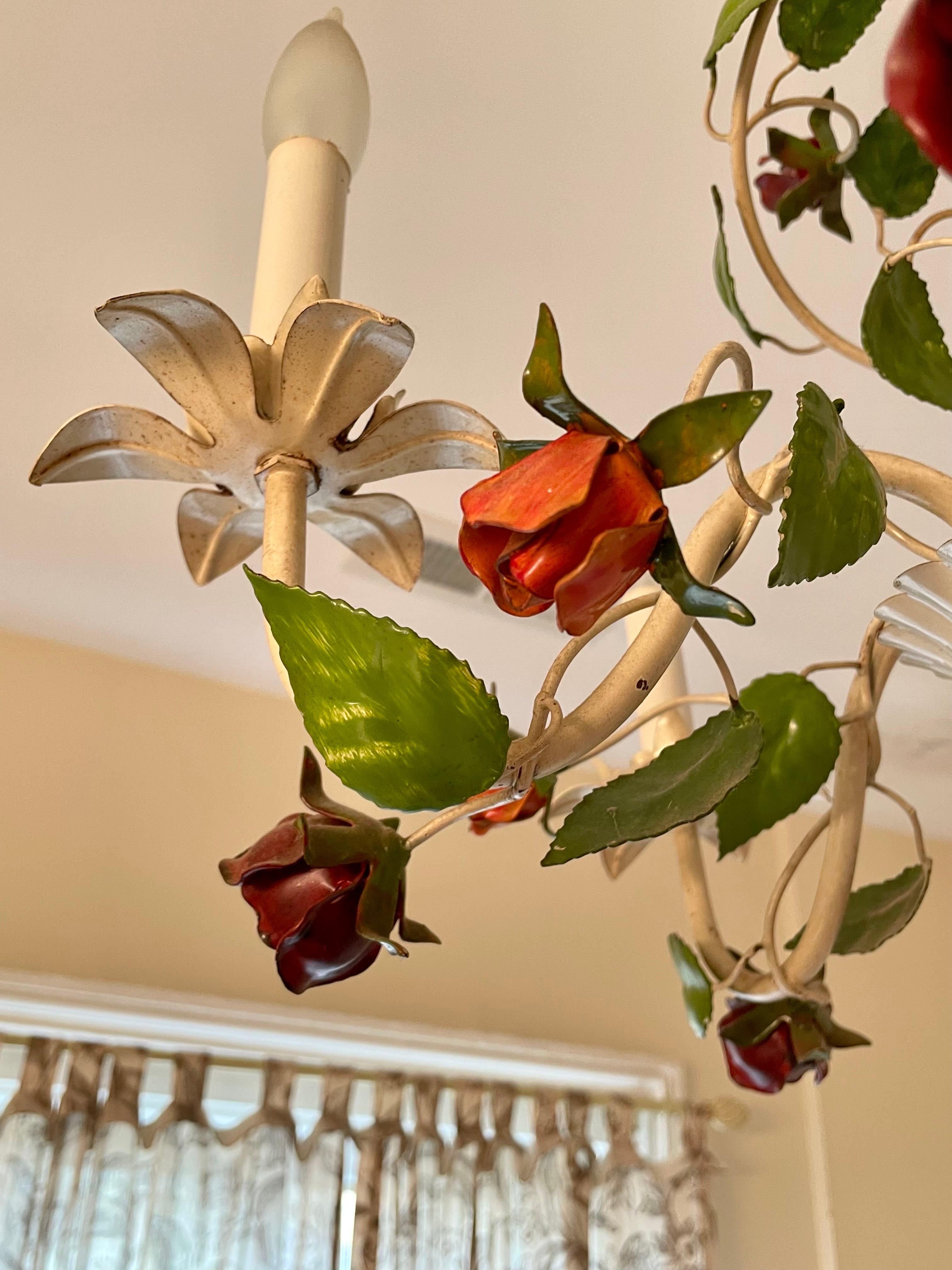 20th Century Vintage Italian Tole Floral Chandelier with Roses