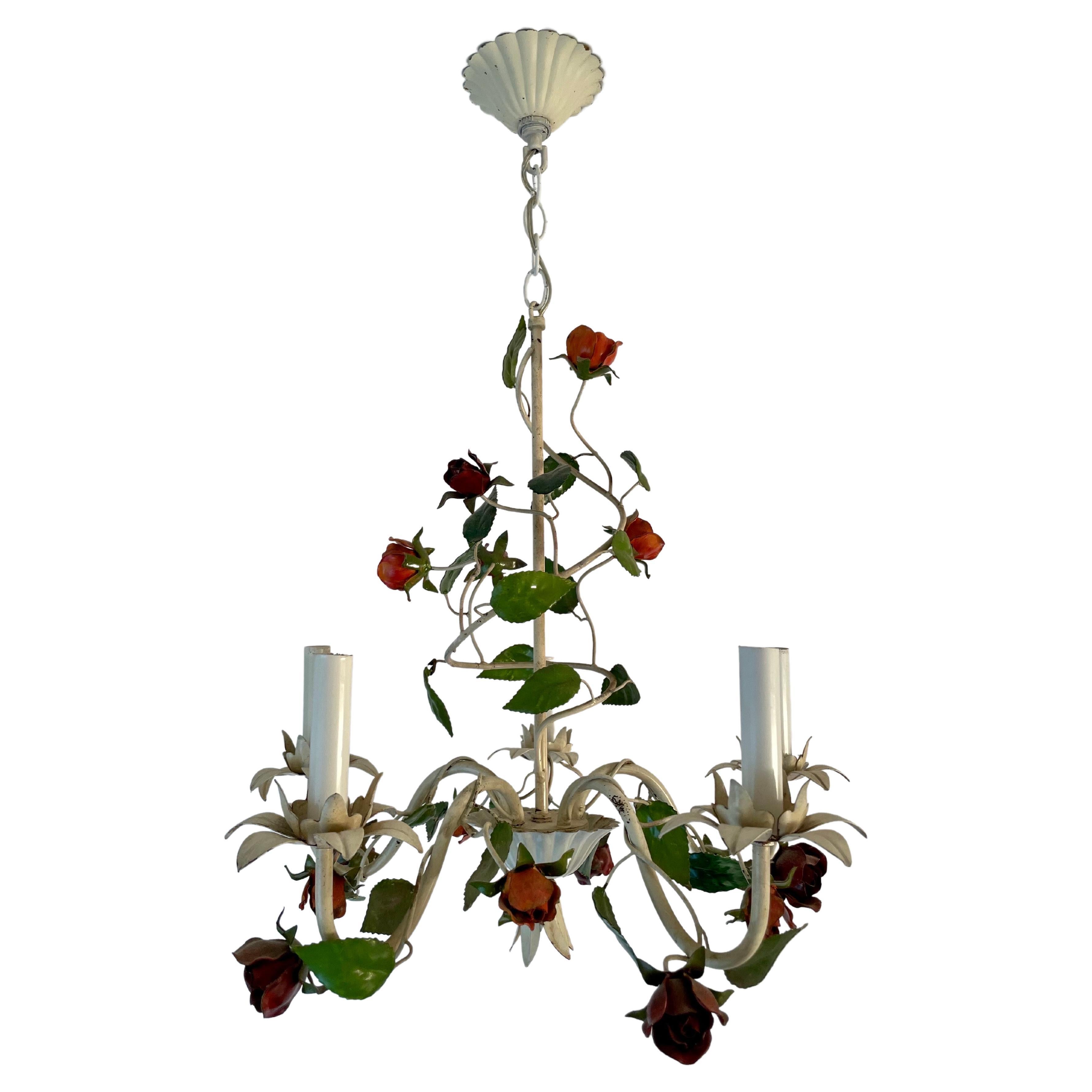 Vintage Italian Tole Floral Chandelier with Roses