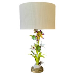 Lampe de table vintage italienne en tole, décorée de fleurs peintes à la main