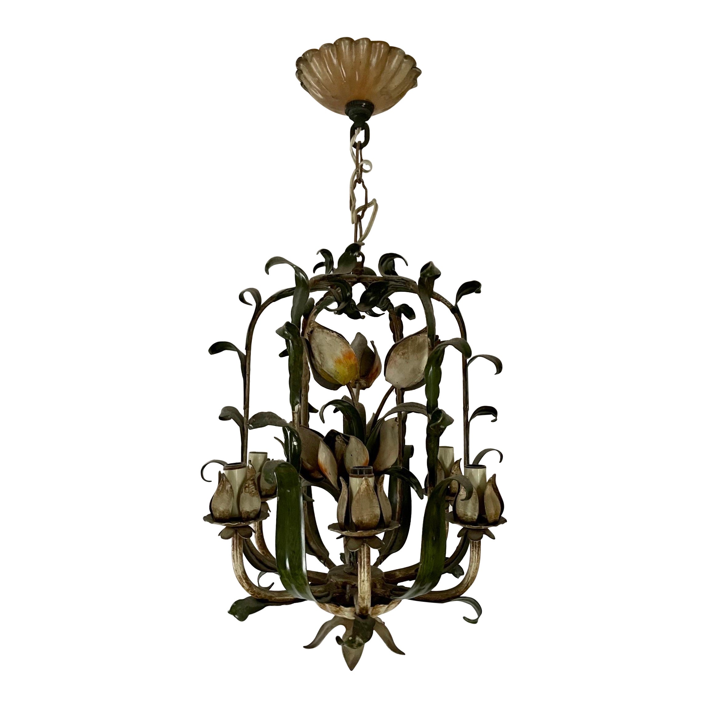 Vintage Italian Tole Floral Tulip Bouquet Chandelier